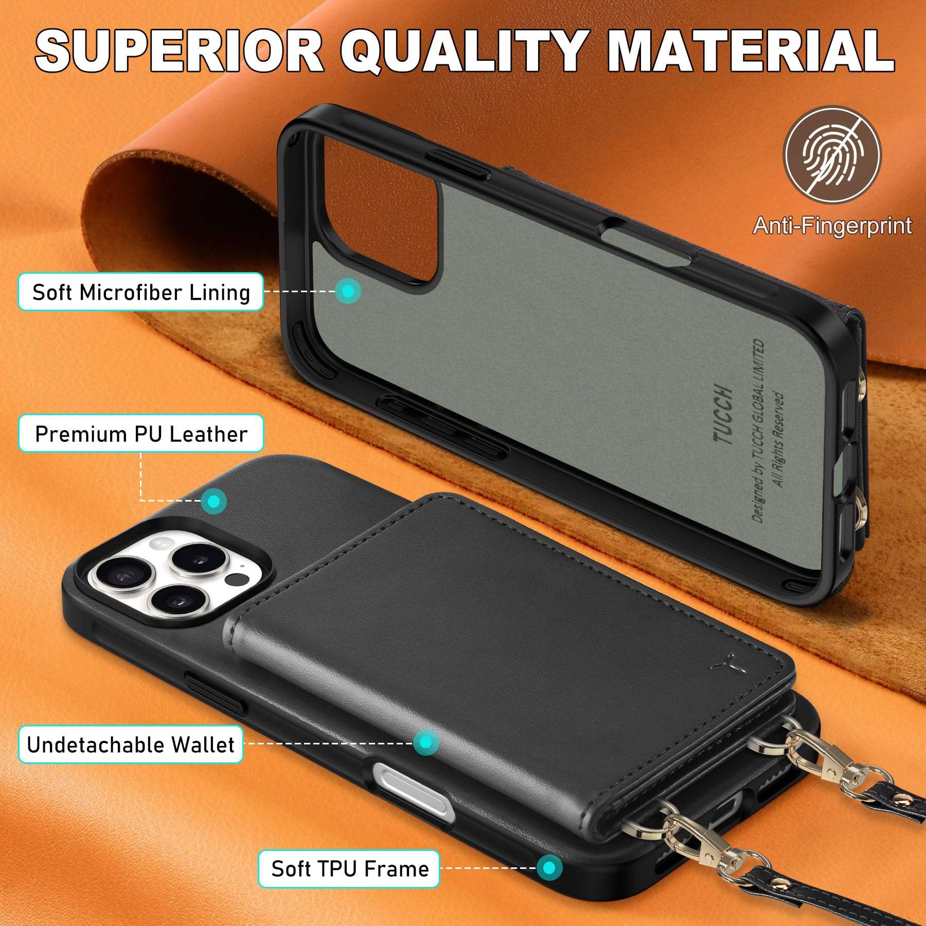 TUCCH Crossbody Wallet Case for iPhone 16 Pro Max (6.9"), RFID Blocking [6 Card Slots][Detachable Adjustable Lanyard], Magnetic Wallet PU Leather Shockproof Phone Cover for iPhone 16 Pro Max, Black - Image 7