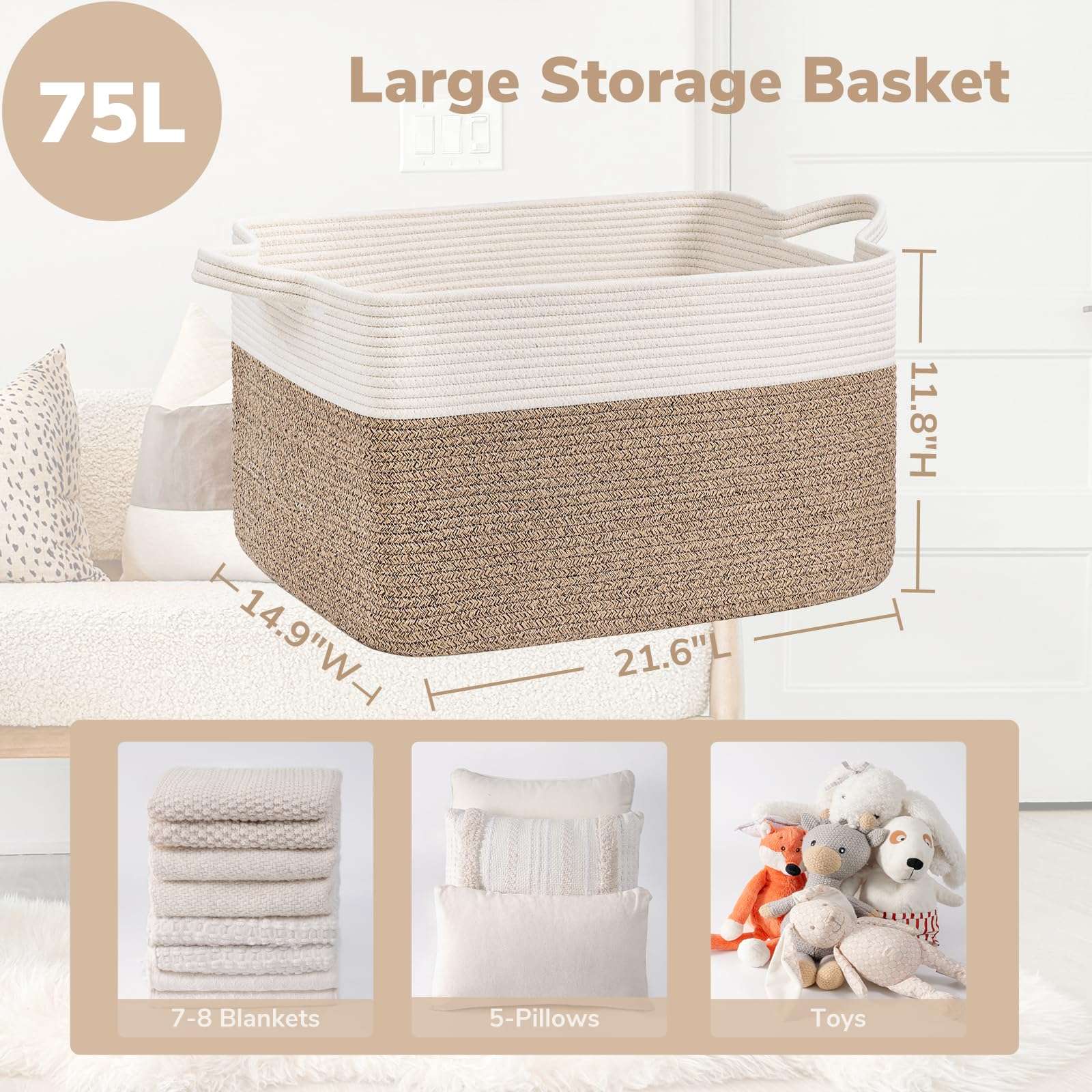 Goodpick Large Woven Blanket Basket, 21.6" x 14.9" x 11.8" Storage Baskets for Organizing, Rectangle Cotton Rope Toy Basket for Living Room, Bedroom, White & Brown - Image 2