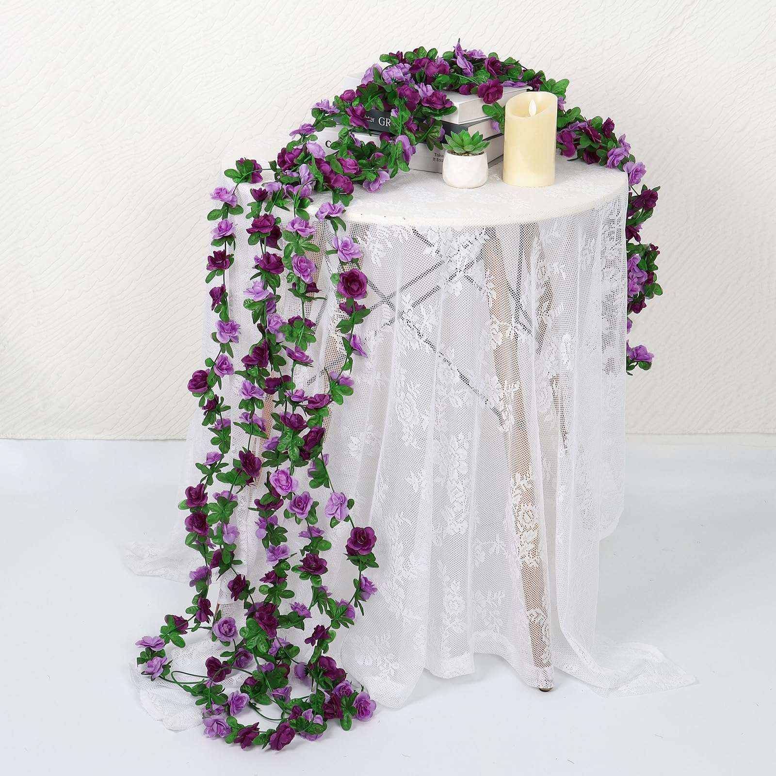 KHOYIME 9 Pack 72 FT Artificial Flower Garland, Fake Purple Roses Vines Silk Flowers Faux Plastic Outdoor Hanging Floral Ivy Garland Decoration for Wedding Arch Bedroom Home Wall Backdrop Room Decor - Image 4