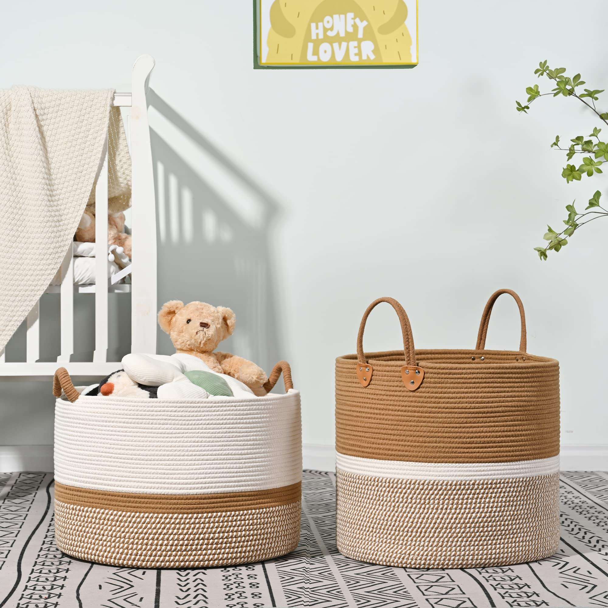 KAKAMAY Large Blanket Basket (20"x13"),Woven Baskets for storage Baby Laundry Hamper, Cotton Rope Blanket Basket for Living Room, Laundry, Nursery, Pillows, Baby Toy chest (White/Brown) - Image 7