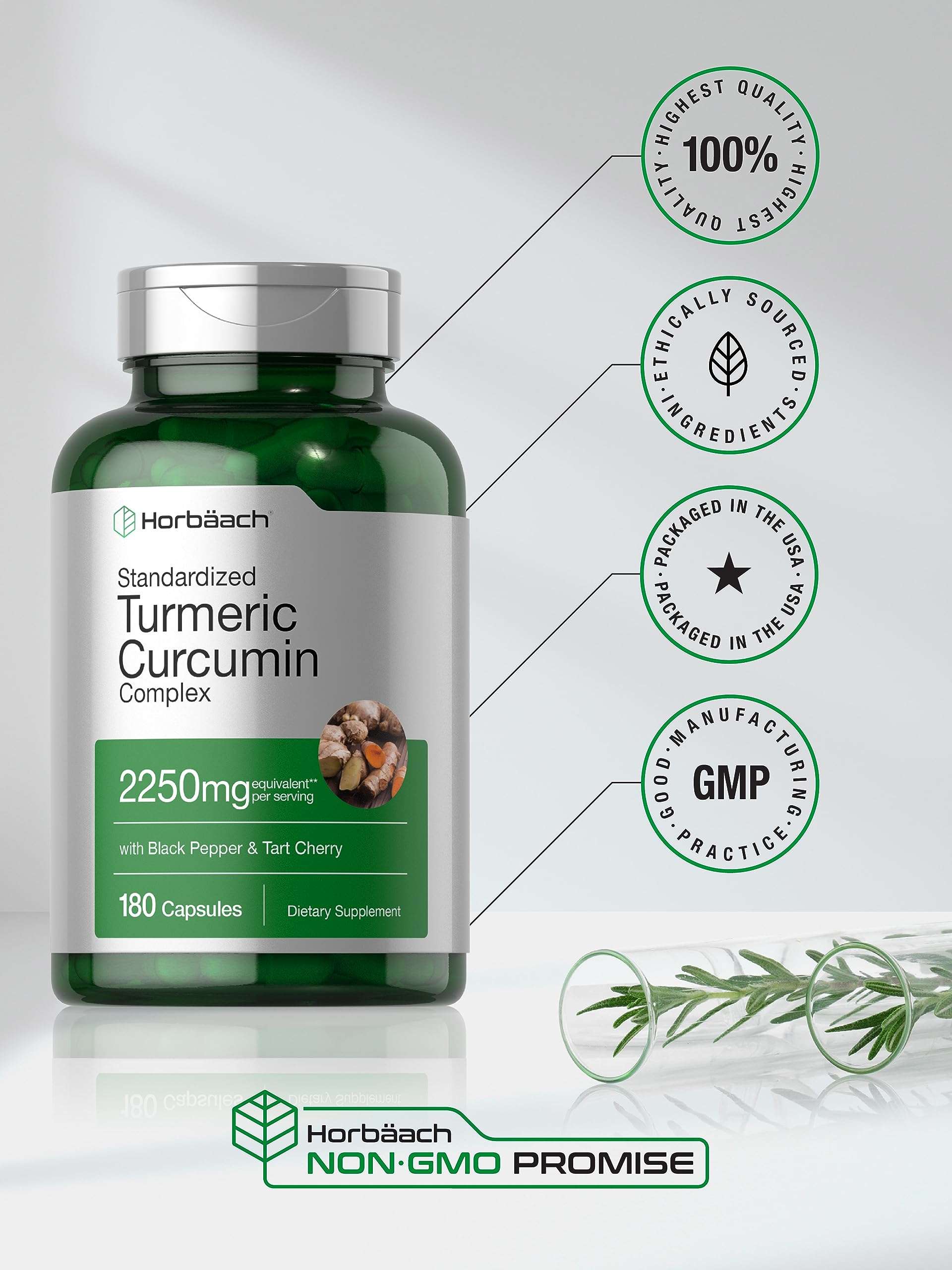 Horbäach Turmeric Curcumin Supplement | 2250mg | 180 Capsules | with Black Pepper & Tart Cherry | Non-GMO & Gluten Free - Image 6