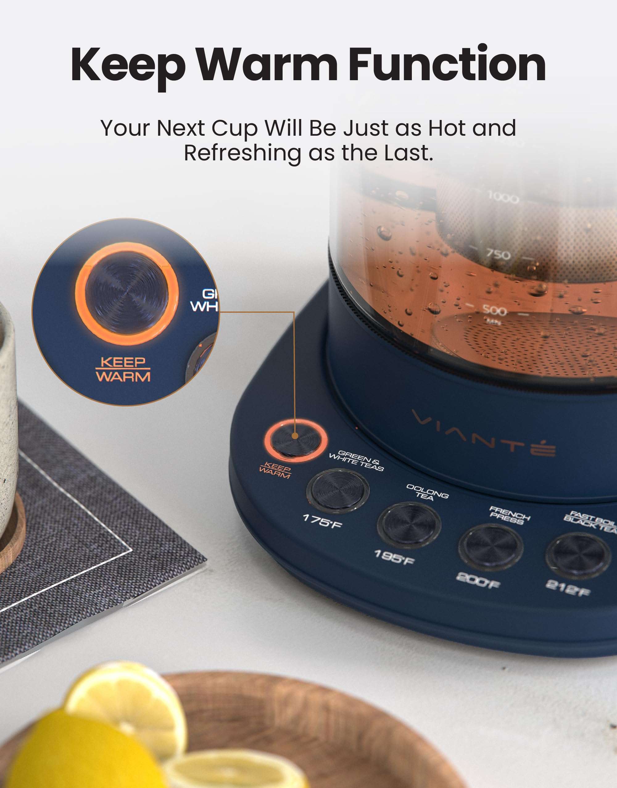Vianté Electric Kettle With Infuser For Loose Leaf Tea. Hot Tea Maker With Temperature Control And Automatic Shut Off. Kettle With Brewing Programs. 1.5 Liters Capacity | Midnight Blue Color - Image 6