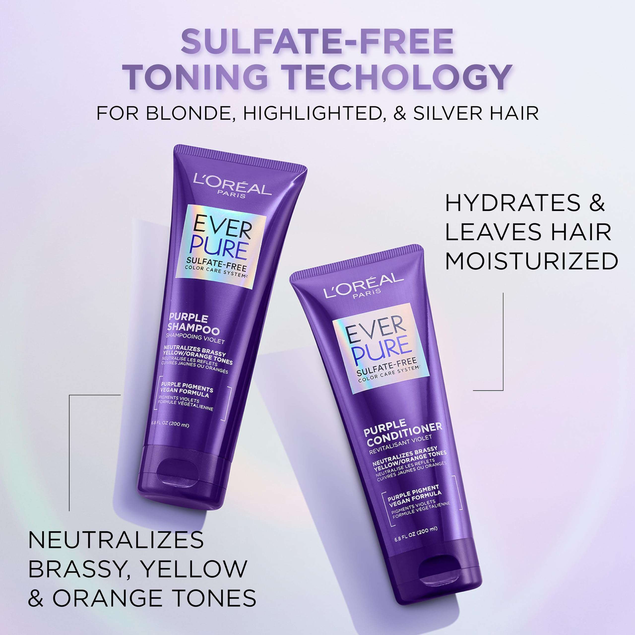L’Oreal Paris EverPure Sulfate Free Brass Toning Purple Shampoo and Conditioner Set for Blonde, Bleached, Silver, or Brown Highlighted Hair, 1 Kit - Image 3