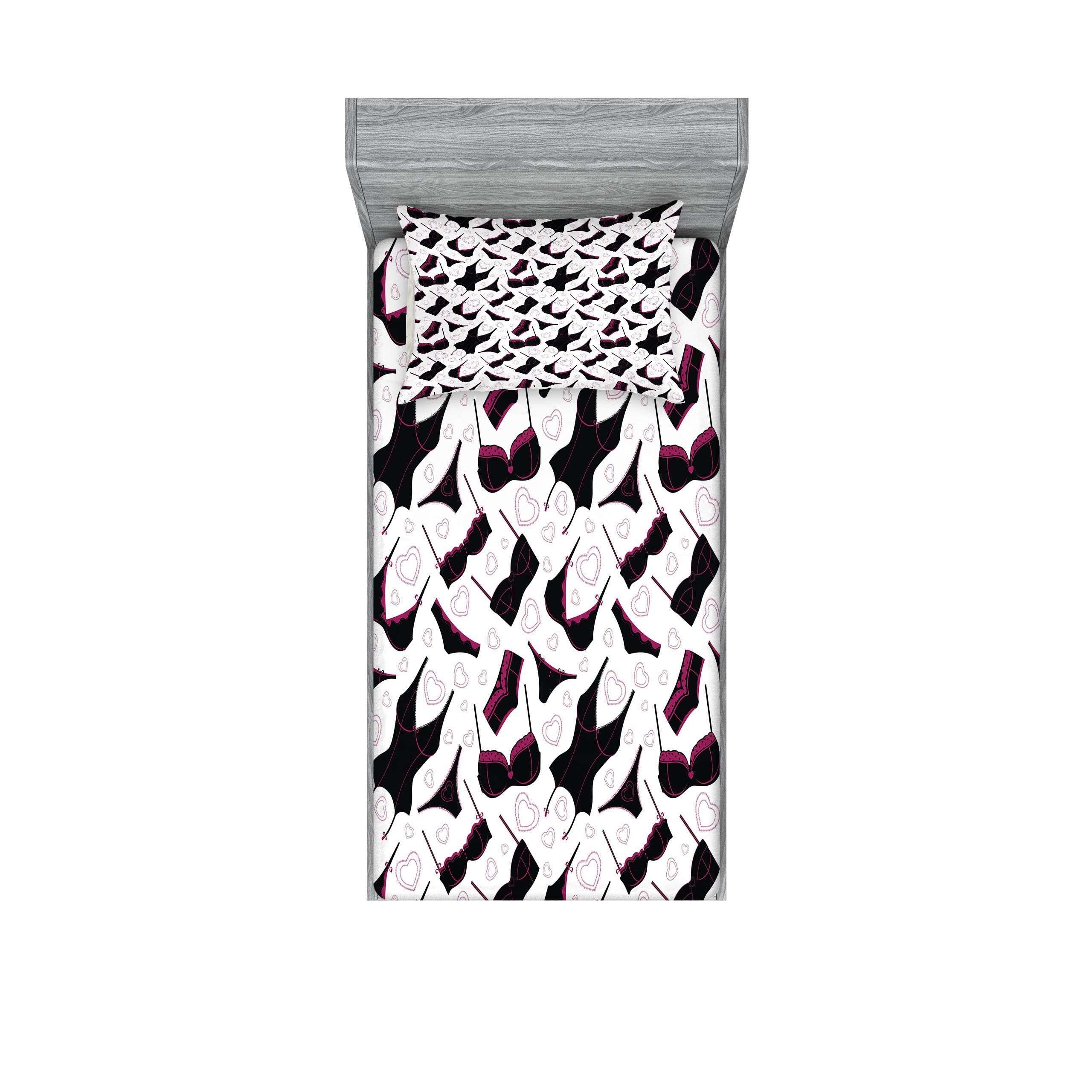 Ambesonne Retro Fitted Sheet & Pillow Sham Set, Lingerie Pattern Brassiere and Panties with Hearts Women`s Fashion Underwear, Decorative Printed 2 Piece Bedding Decor Set, Twinxl, Black Fuchsia White - Image 1