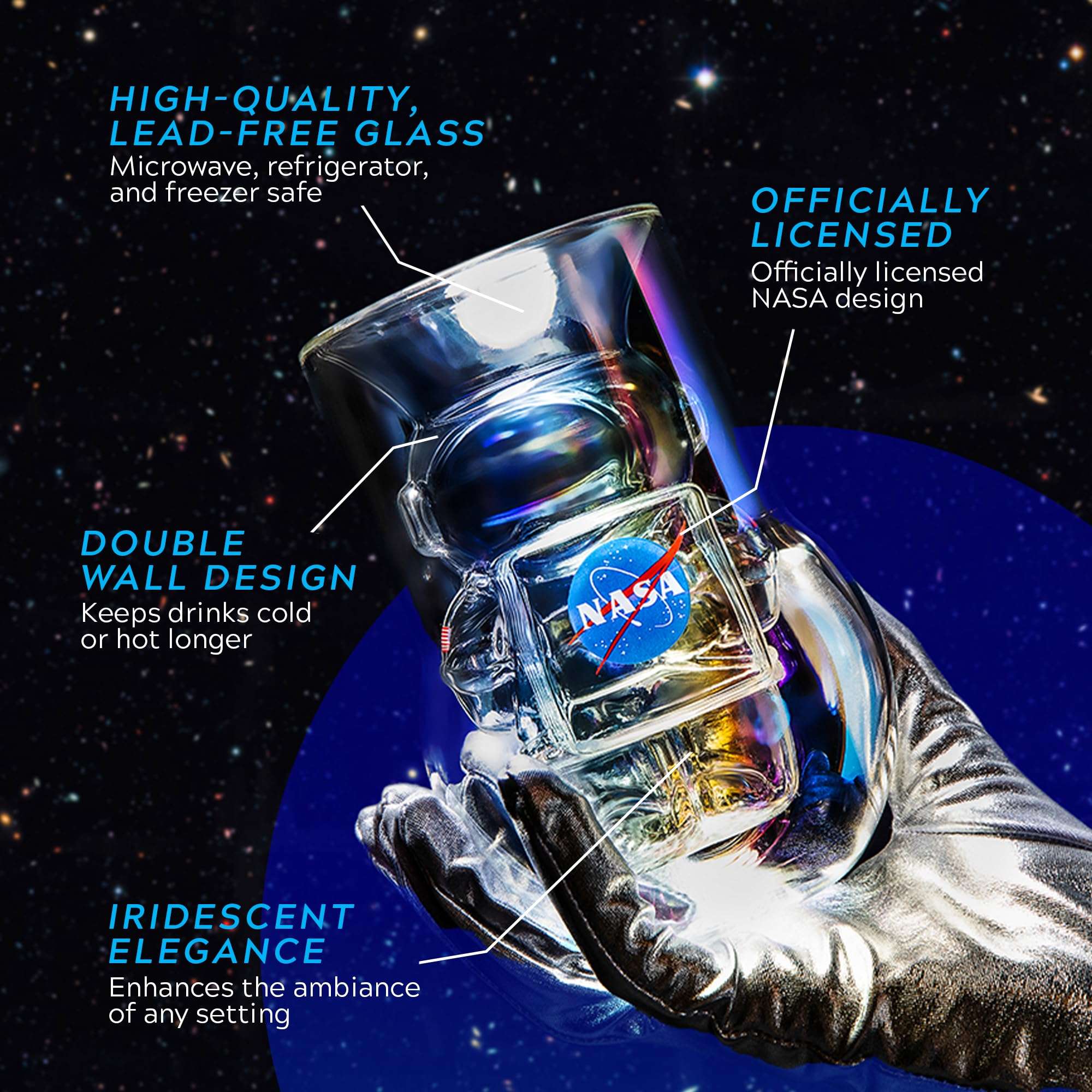 NASA Astronaut Glasses - 7 oz Set of 2 Double Wall Iridescent Drinkware with NASA symbol and Artemis Patch - Unique Glassware for Space Enthusiasts - Keeps Drinks Cold Longer - Image 3
