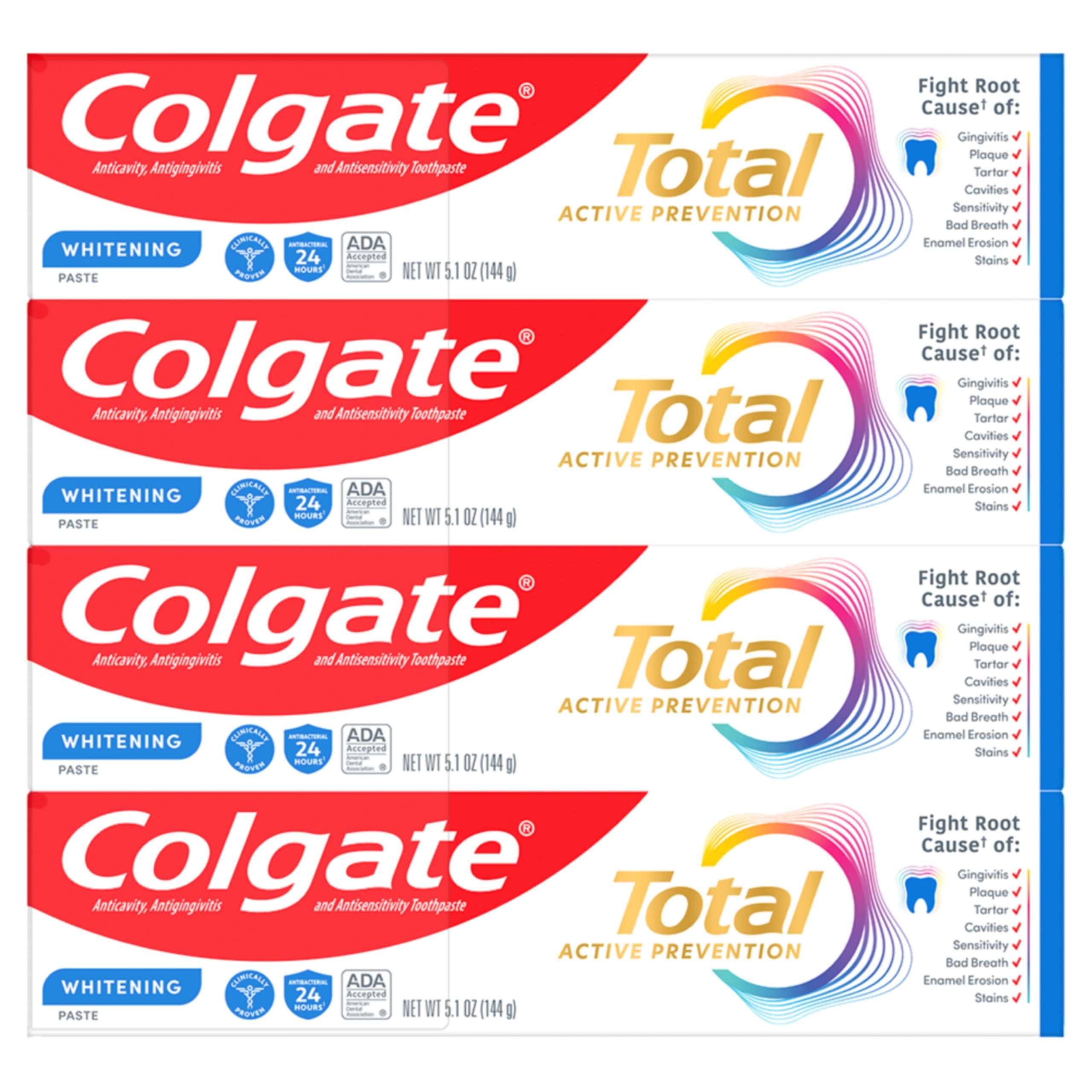 Colgate Total Whitening Toothpaste Paste, 5.1 oz, 4 Pack, Fluoride, Antibacterial, for Plaque, Gingivitis, Sensitivity, Stain Removal, Clinically Proven, Mint, Teeth Whitening, Stannous Fluoride - Image 1