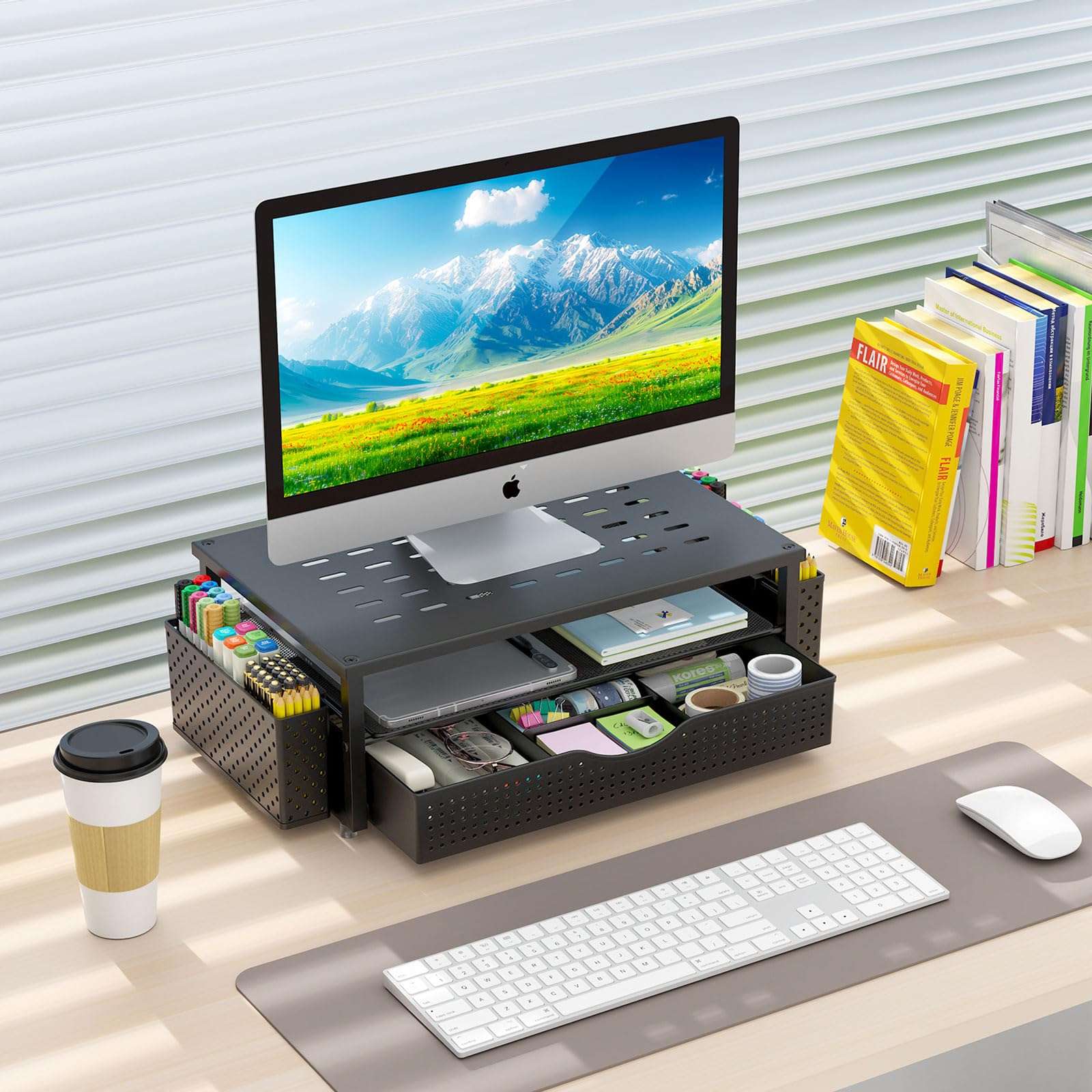 gianotter Desk Organizers and Accessories, Monitor Stand with Drawer and 2 Pen Holder, Desktop Organizer Suitable for Offices and Dormitories (Black) - Image 2