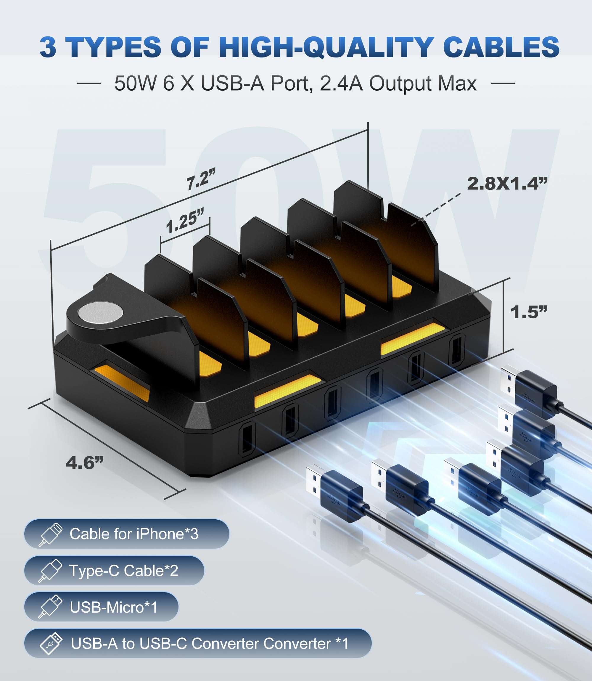 Charging Station for Multiple Devices, Honcila 6 in 1 Multi Charger Station Charging Dock for Cellphone Tablet iPhone iPad and More - 50W Charging Station Organizer with 6 Mixed Charging Cables - Image 7