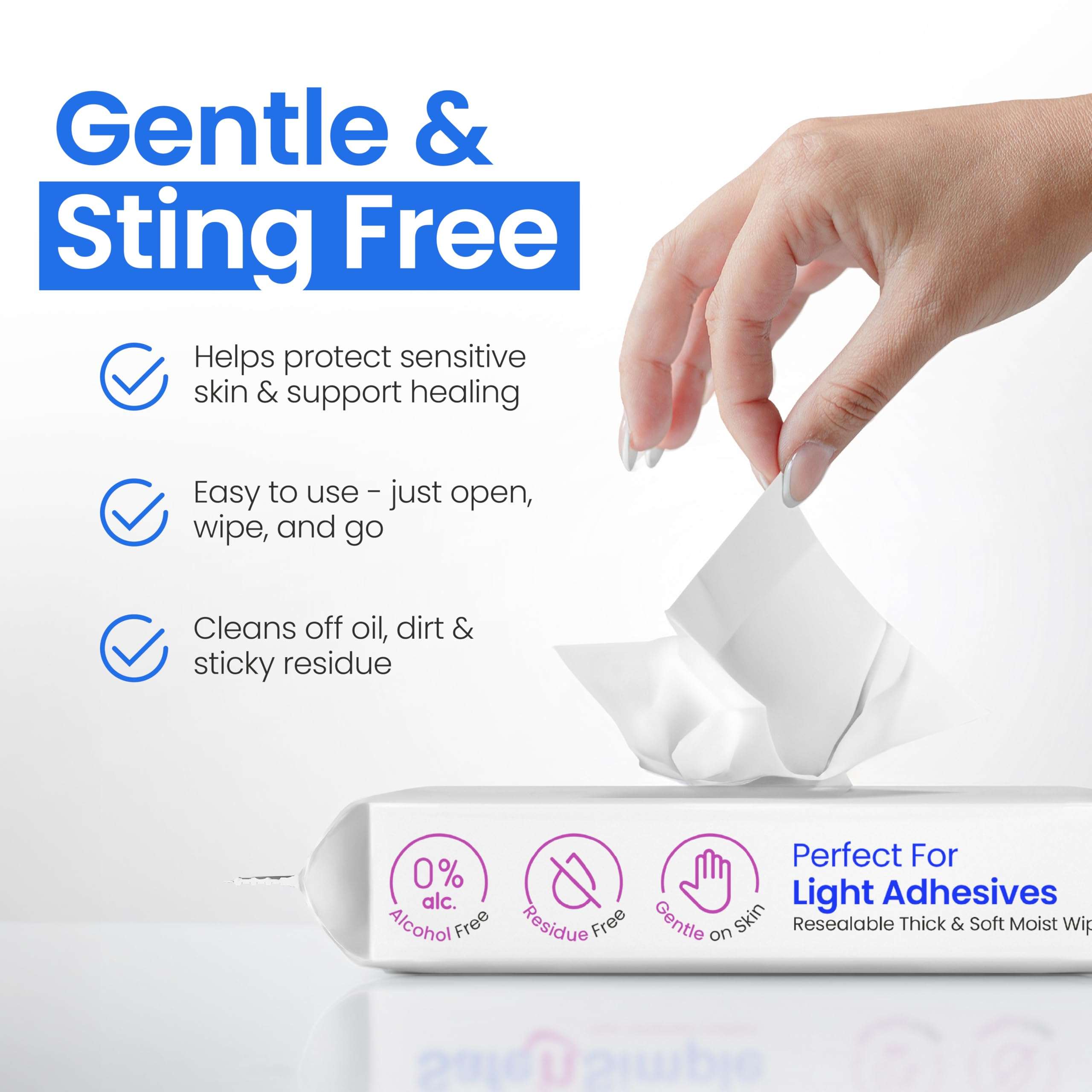 Safe n’ Simple Resealable Adhesive Remover Wipes for Skin - 50 Large 5"x7" No Sting Alcohol Free Medical Adhesive Remover Pads for Ostomy, Stoma Care - Gentle Adhesive Removal Wipes for Bandages, Tape - Image 6