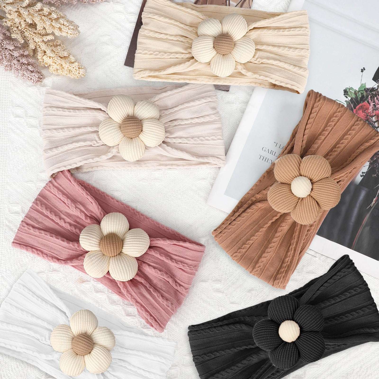 MIUXUESO 3 Pcs Baby Flower Headbands Baby Girls Nylon Headband Soft Hairbands Hair Accessories for Newborn Infant Toddler Kids (Beige Pink Khaki) - Image 5