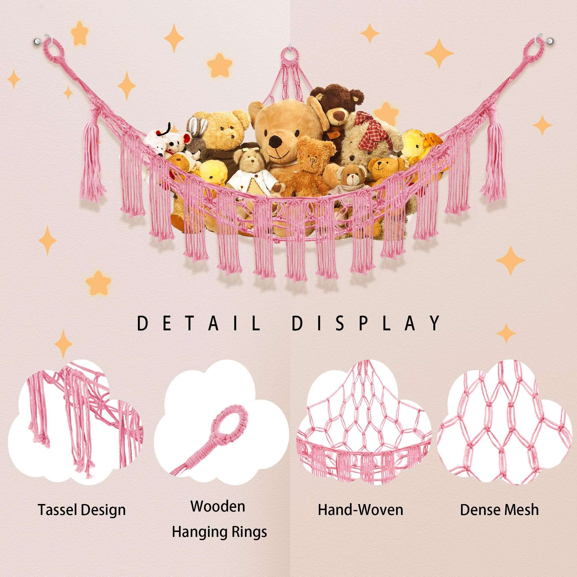 CERETIA Hammock for Stuffed Animals with LED Light, Kids Room Decor Corner, Pink - Image 6