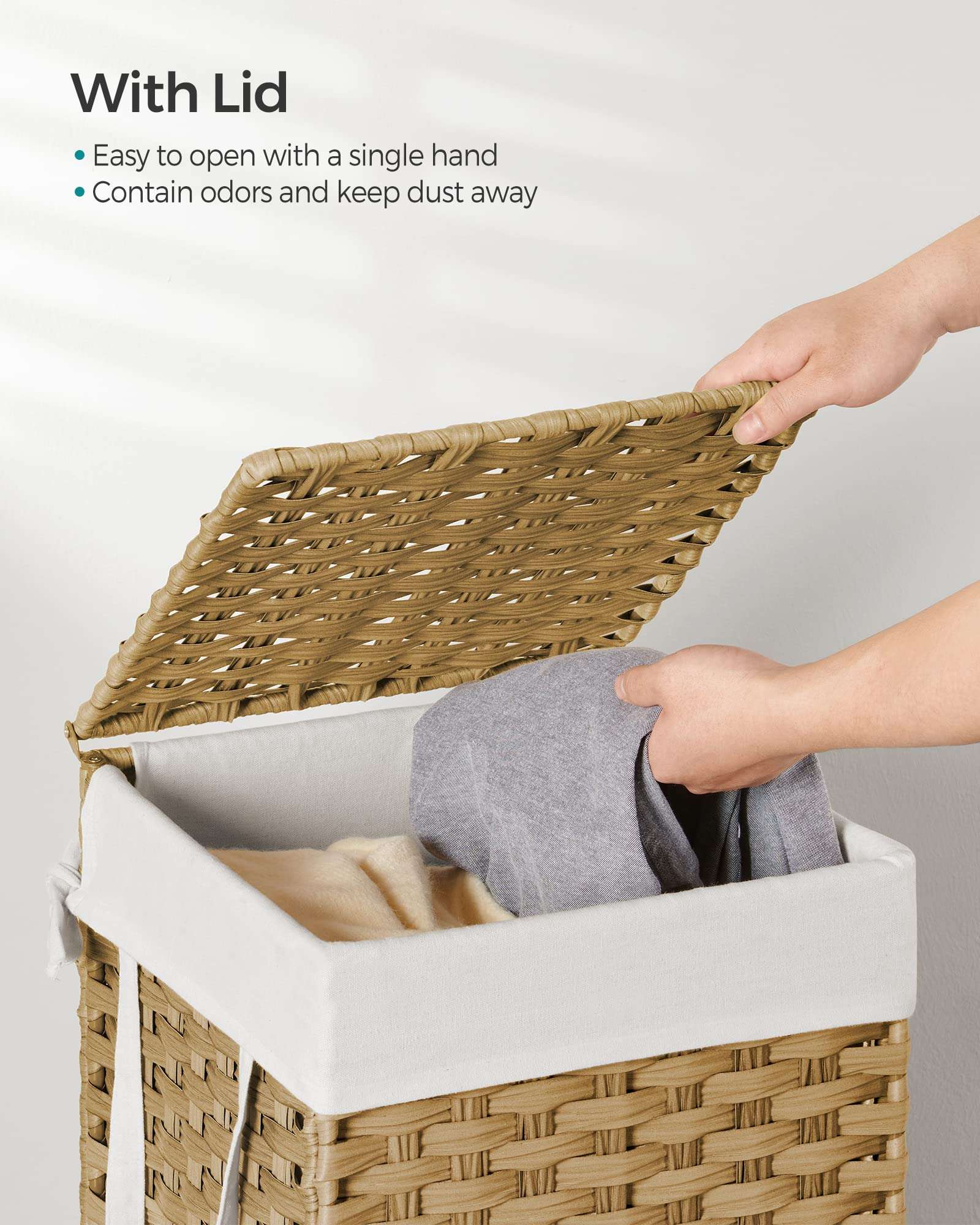 SONGMICS Laundry Hamper with Lid, 17.2 Gallon (65 L) Synthetic Rattan Clothes Laundry Basket with Lid and Handles, Foldable, Removable Liner, Goose Yellow ULCB165N01 - Image 4