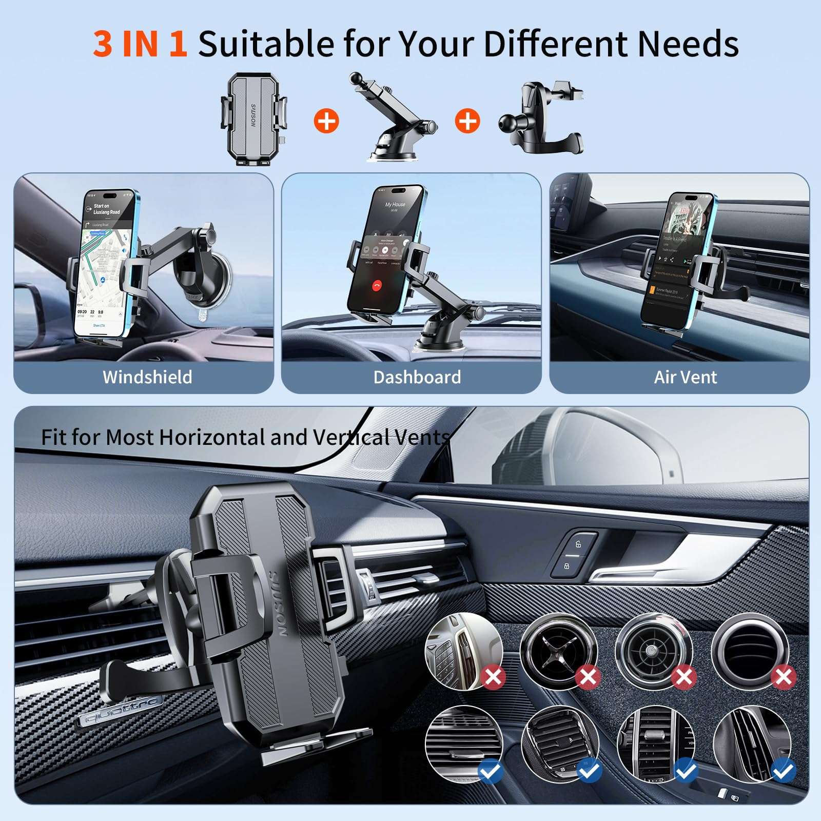 SUUSON Upgraded 3-in-1 Car Phone Holder Mount [Powerful Suction] Phone Mount for Car Dashboard Air Vent Windshield,for All iPhone Android Phone (Black) - Image 2