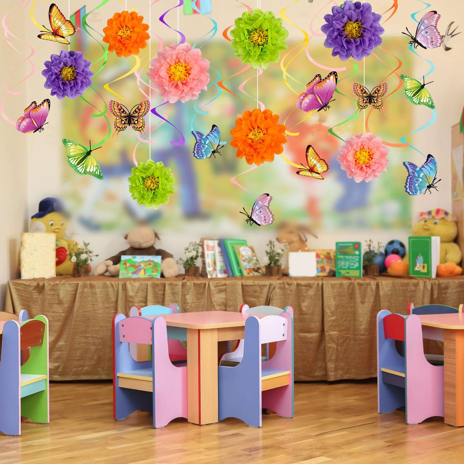 Pasimy 62 Pcs Spring 3D Flower Butterfly Hanging Swirls Decorations Butterfly Cutouts with Floral Paper Ball Colorful Ceiling Streamers for Birthday Summer Easter Party Baby Shower Wedding Home - Image 6