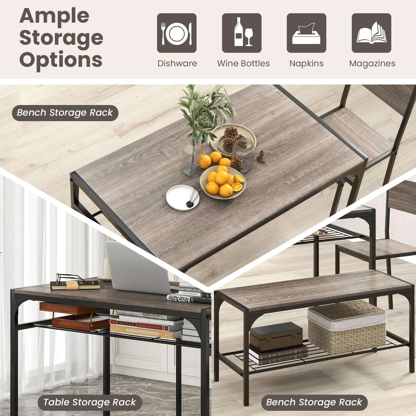 Tangkula Dining Table Set for 4, Kitchen Table and 2 Chairs for 4 with Bench, Additonal Storage Rack, 4 Piece Dining Table Set for Small Space, Apartment - Image 5