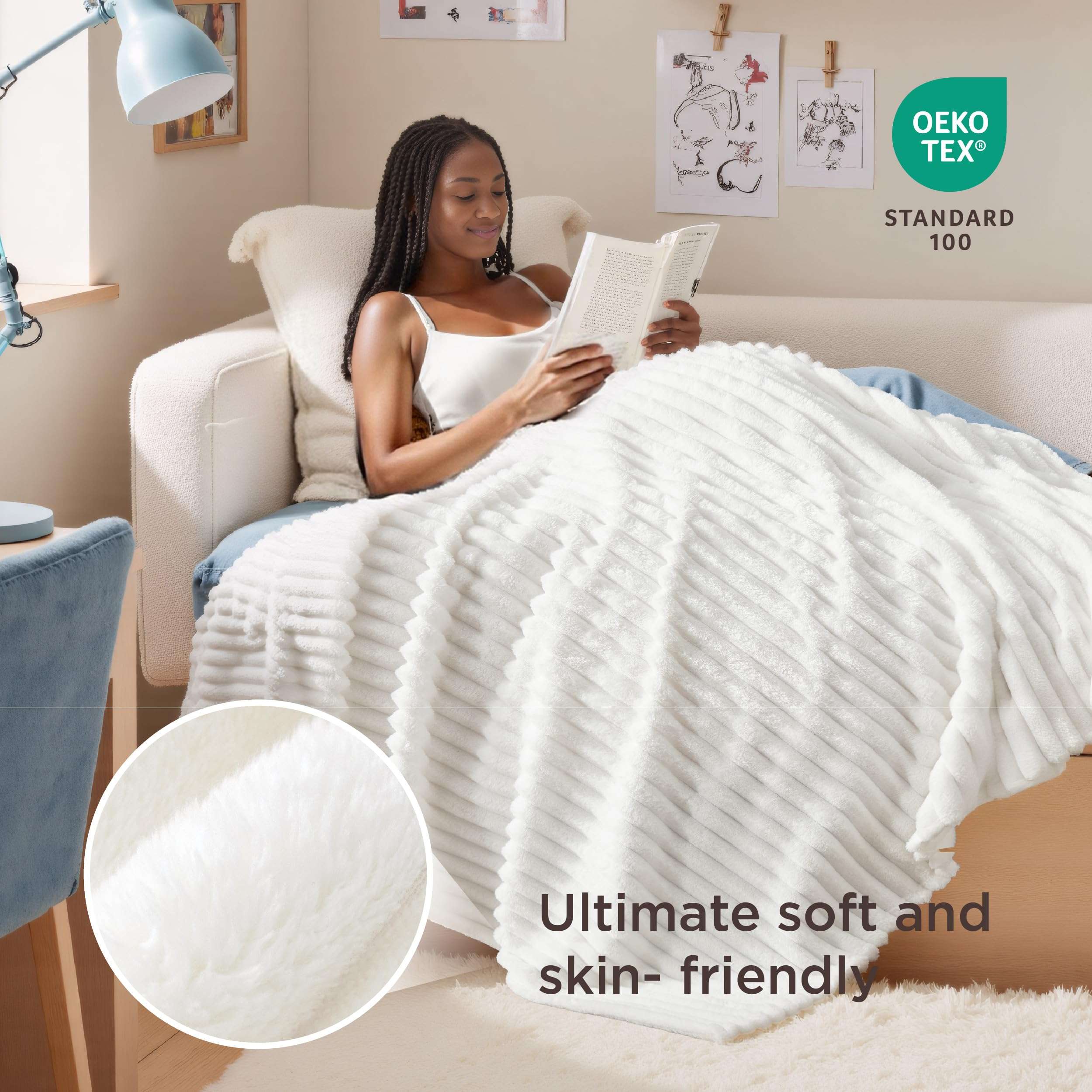 Bedsure GentleSoft White Throw Blanket for Couch - Cozy Blanket for Women, Cute Fleece Throws for Girls Sofa Couch Cover, Birthday Gifts for Women, Room Fall Halloween Decor, Off White, 50x60 Inches - Image 6