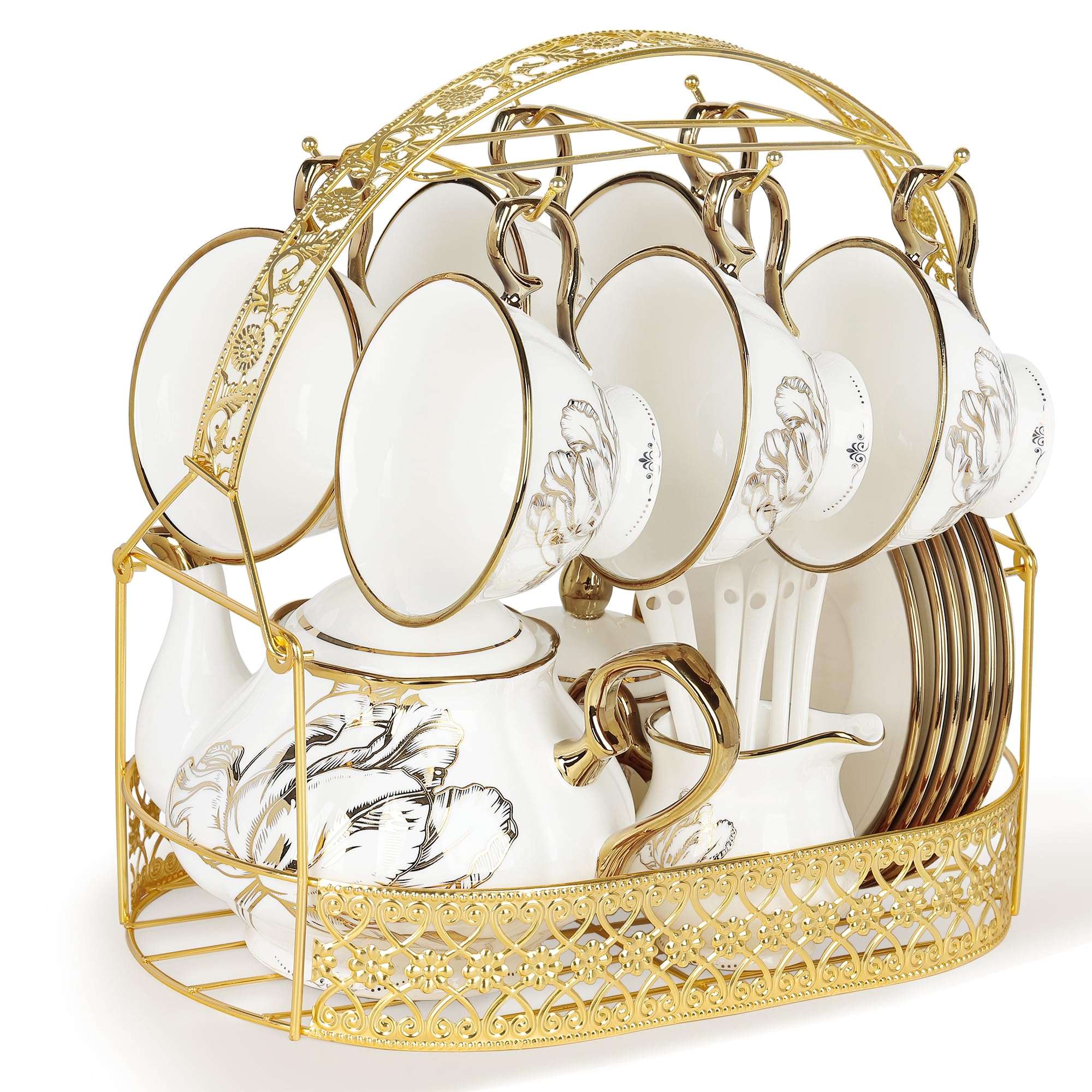fanquare British Porcelain Tea Coffee Set 22 Piece New Bone China Gold Tulip Tea Service for Afternoon Tea, 6 TeaCup and Saucers with Metal Holder for Home Wedding Birthday - Image 1