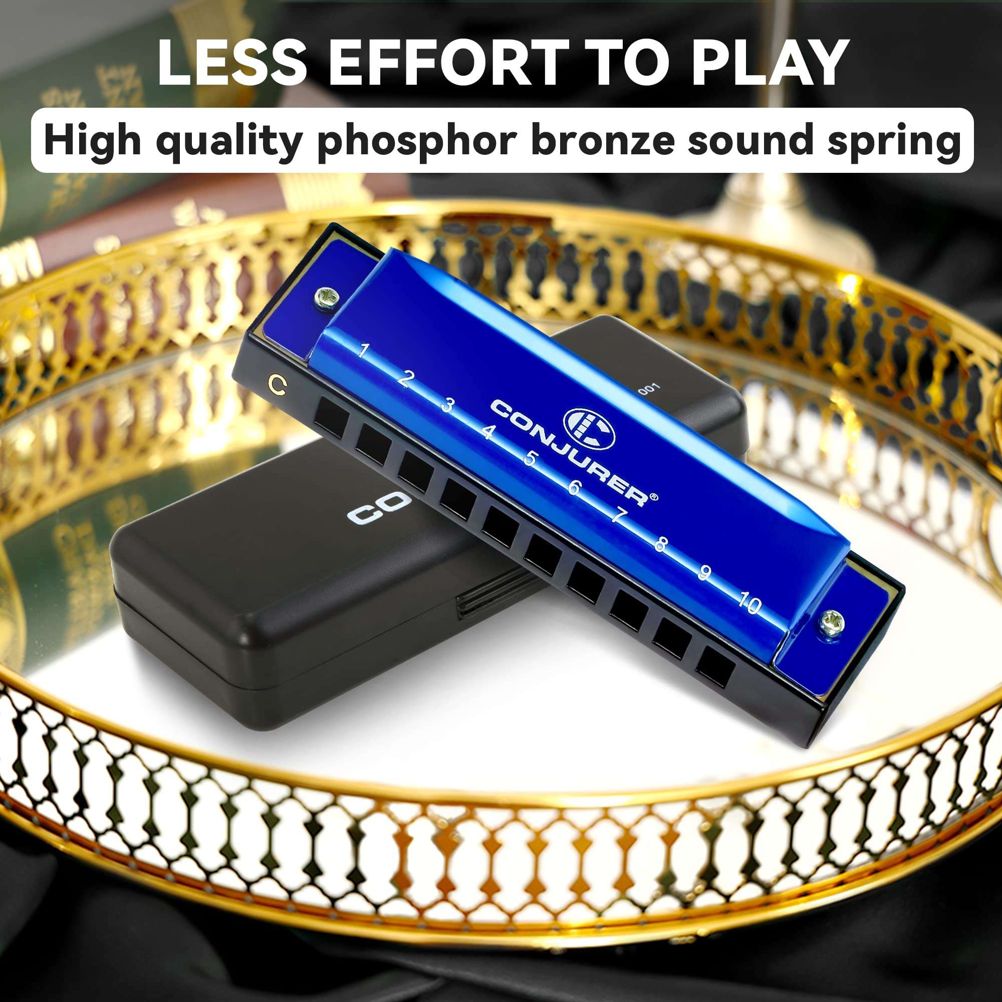 CONJURER Blues Harmonica for Kids Adult Beginners 10 Hole Diatonic Harmonica Key of C, Brass Reed Metal Mouth Organ C Key Blues Harp with Case, Blue - Image 5