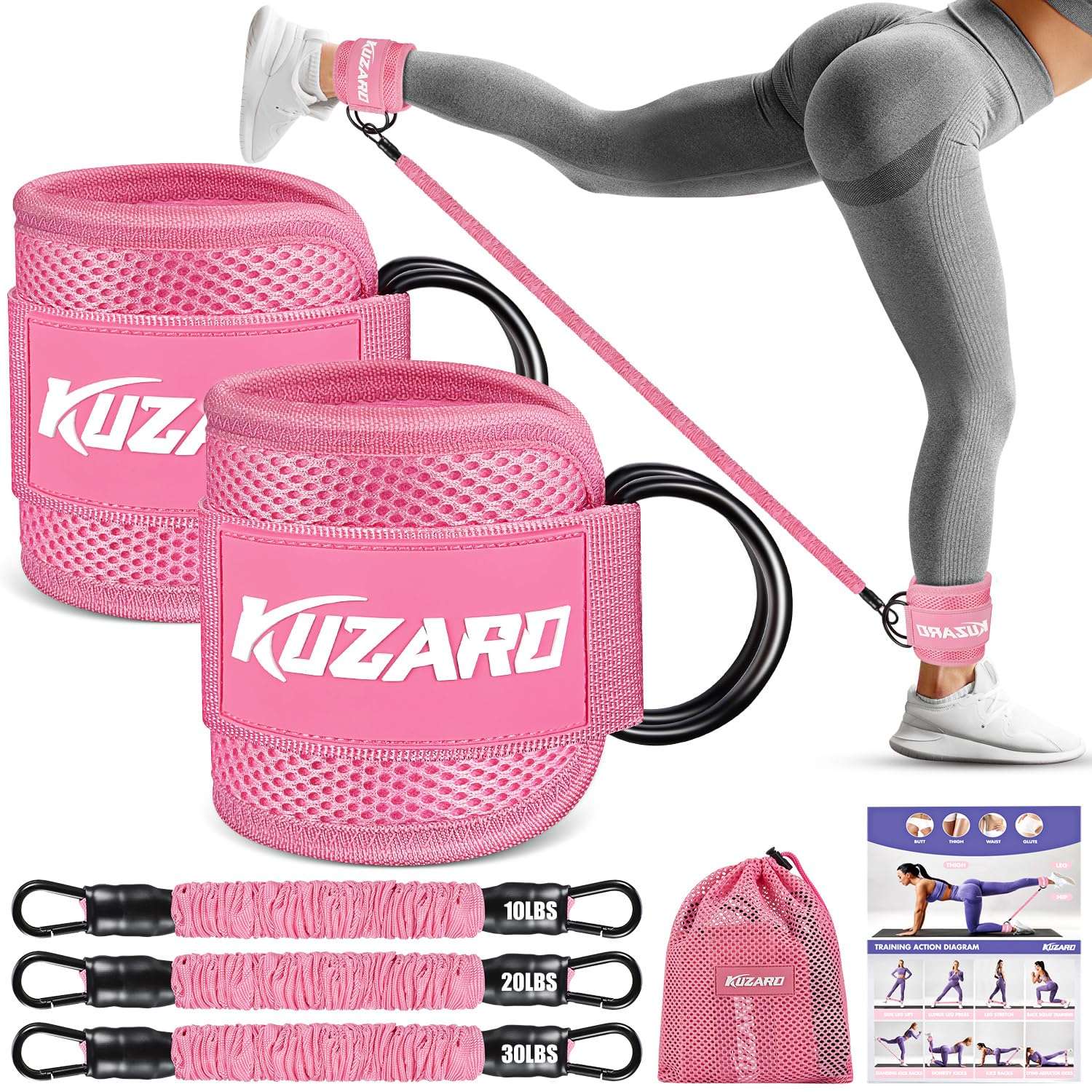 KUZARO Ankle Resistance Bands with Cuffs, Ankle Weights Bands for Working Out, Women Leg and Glutes Workout Equipment, Exercise Bands for Kickbacks, Butt and Booty Trainer, Home Gym Fitness Equipment - Image 1