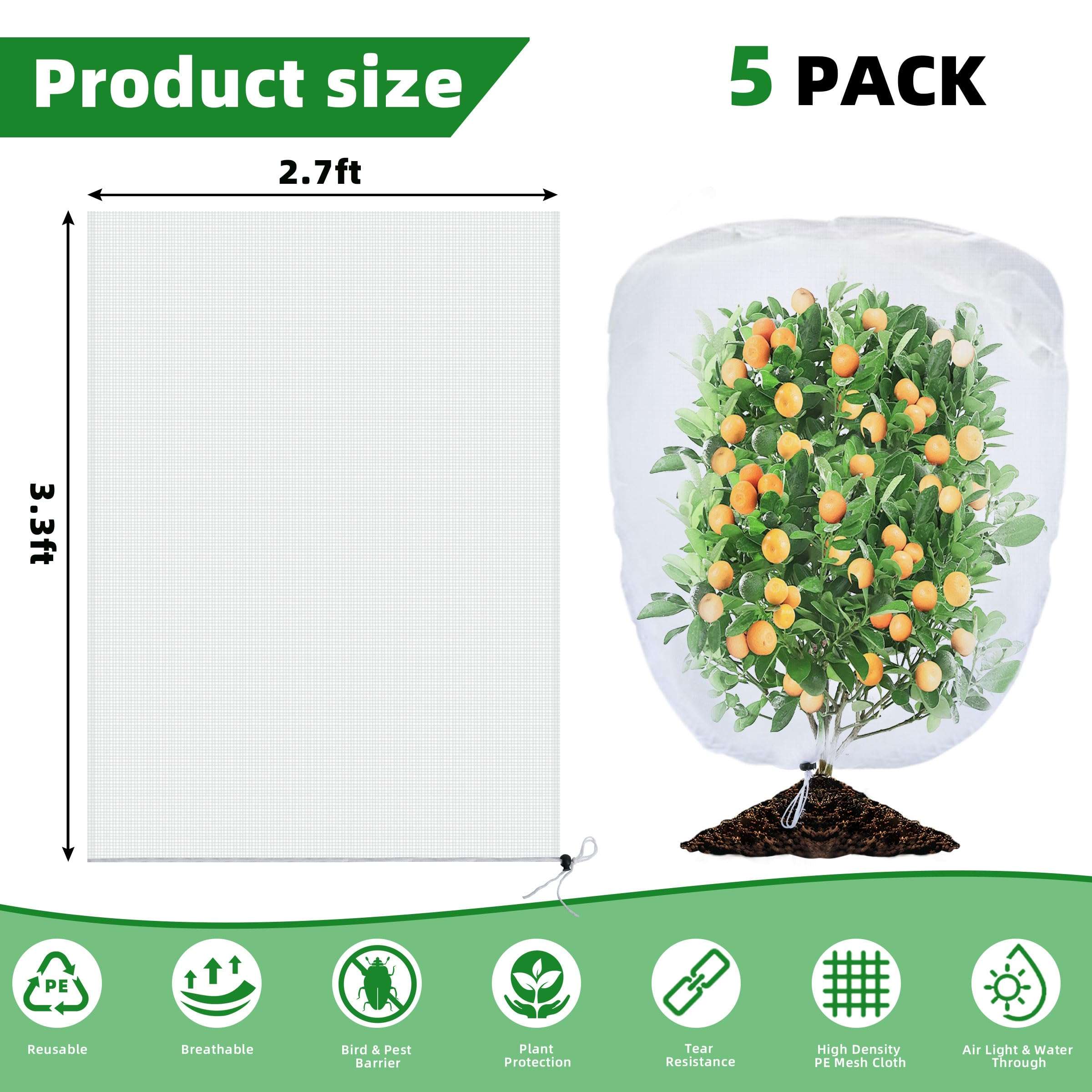 5 Pack Garden Plant Fruits Tree Protection Netting Covers with Drawstring, 3.3 x 2.7Ft Bird Insect Netting Bag, Plant Netting Barrier for Fruit/Flower/Herb/Vegetables (3.3 x 2.7Ft) - Image 2