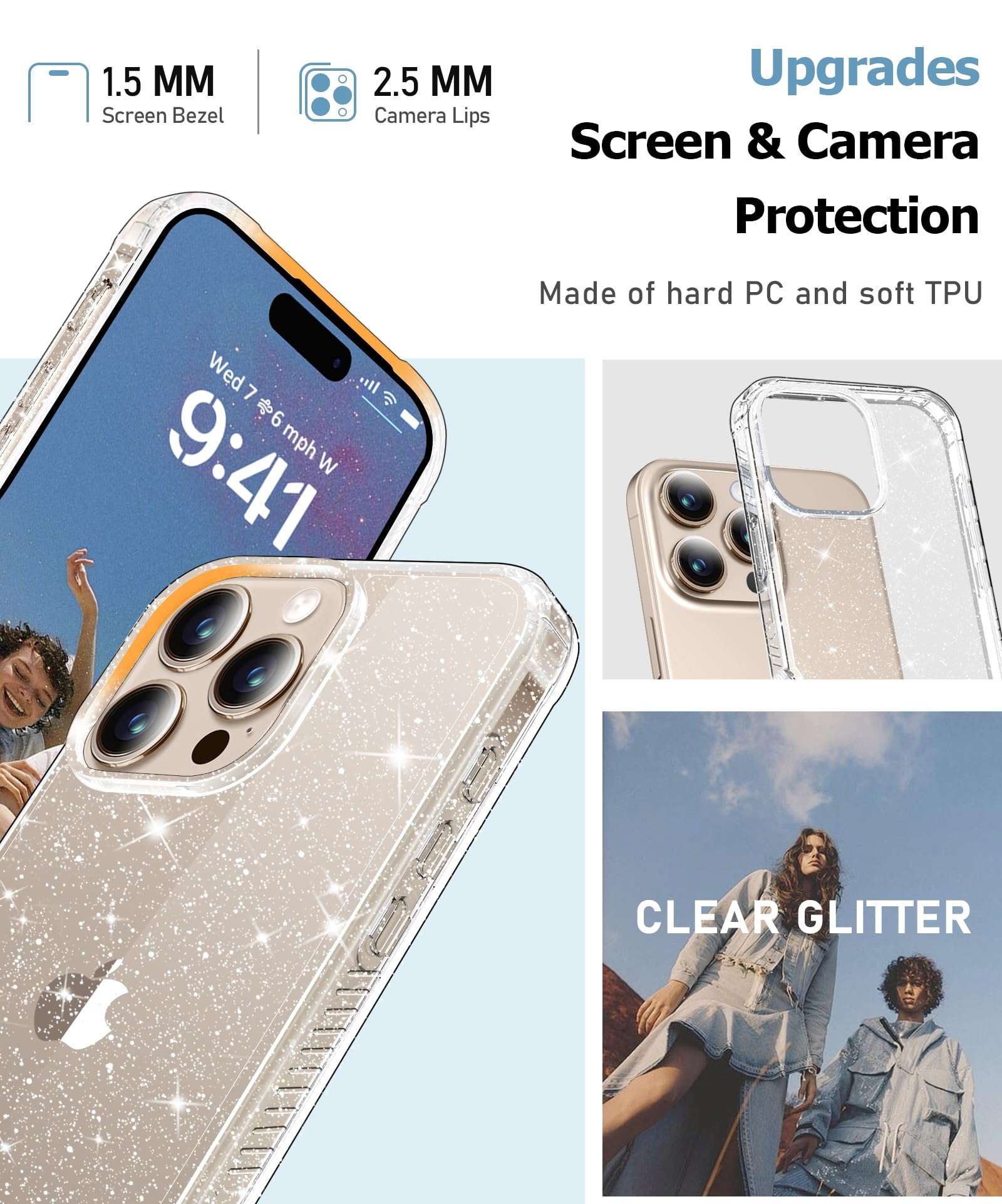 MIODIK iPhone 16 Pro Clear Glitter Case with Screen Protector | Camera Lens Protector | Shockproof Protective | Women Girl Cover | for iPhone 16Pro 6.3" | Sparkle Clear - Image 5