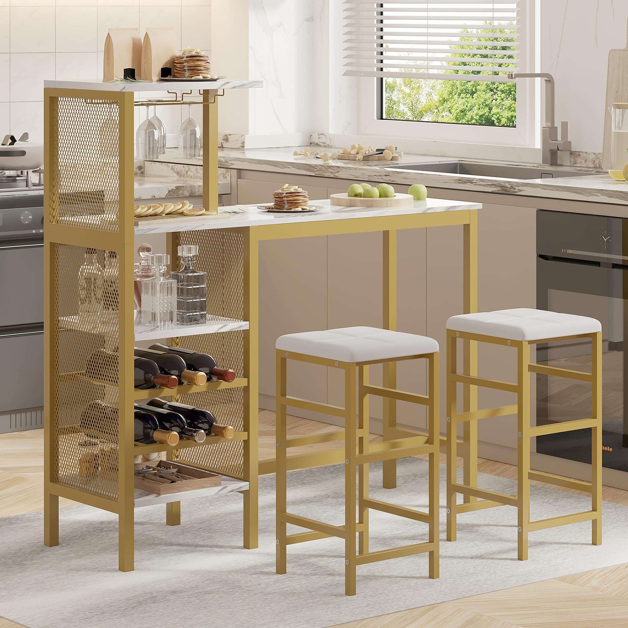 VECELO Bar Table and Chairs Set for 2, 3-Piece Dining Set with Storage Shelves, Cup Holder & Wine Rack, PU Leather Cushion Stools, for Kitchen Small Space, Gold - Image 3