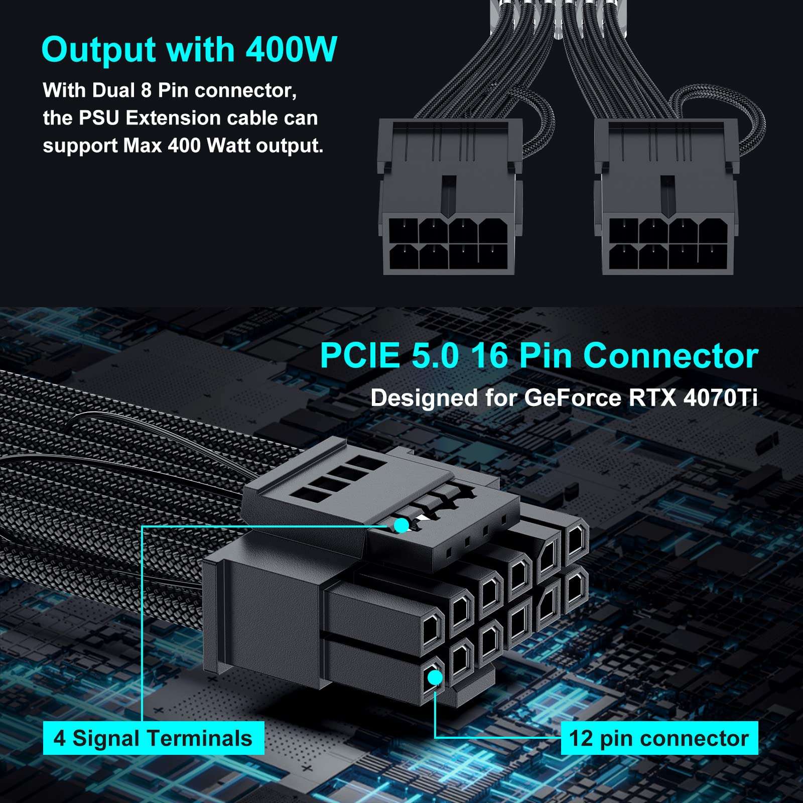 Bangfun PCIE 5.0 16Pin GPU Power 12VHPWR Extension Cable, 16Pin(12+4) Male to 2X8Pin Female GPU Adapter Extender Cord Designed for Geforce RTX 4070 4070Ti Super 5090 5080 5070Ti-13Inch Black - Image 2