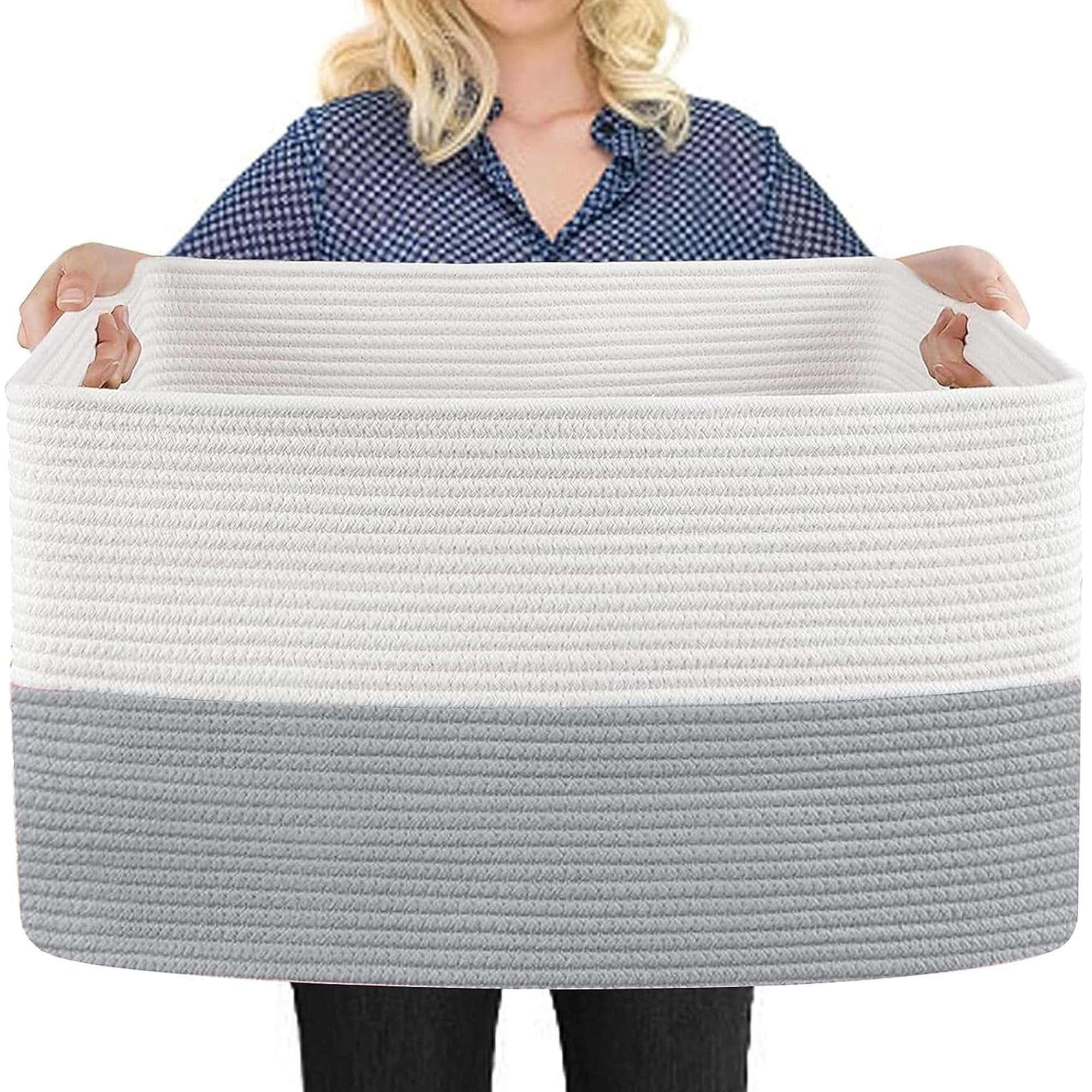 MEGASKET Extra Large Laundry Basket, Rectangle Woven Cotton Rope Storage Basket with Handles, Wicker Laundry Hamper, Farmhouse Storage Bin for Blankets Clothes Toys, Grey, 22" x 17" x 12" - Image 1