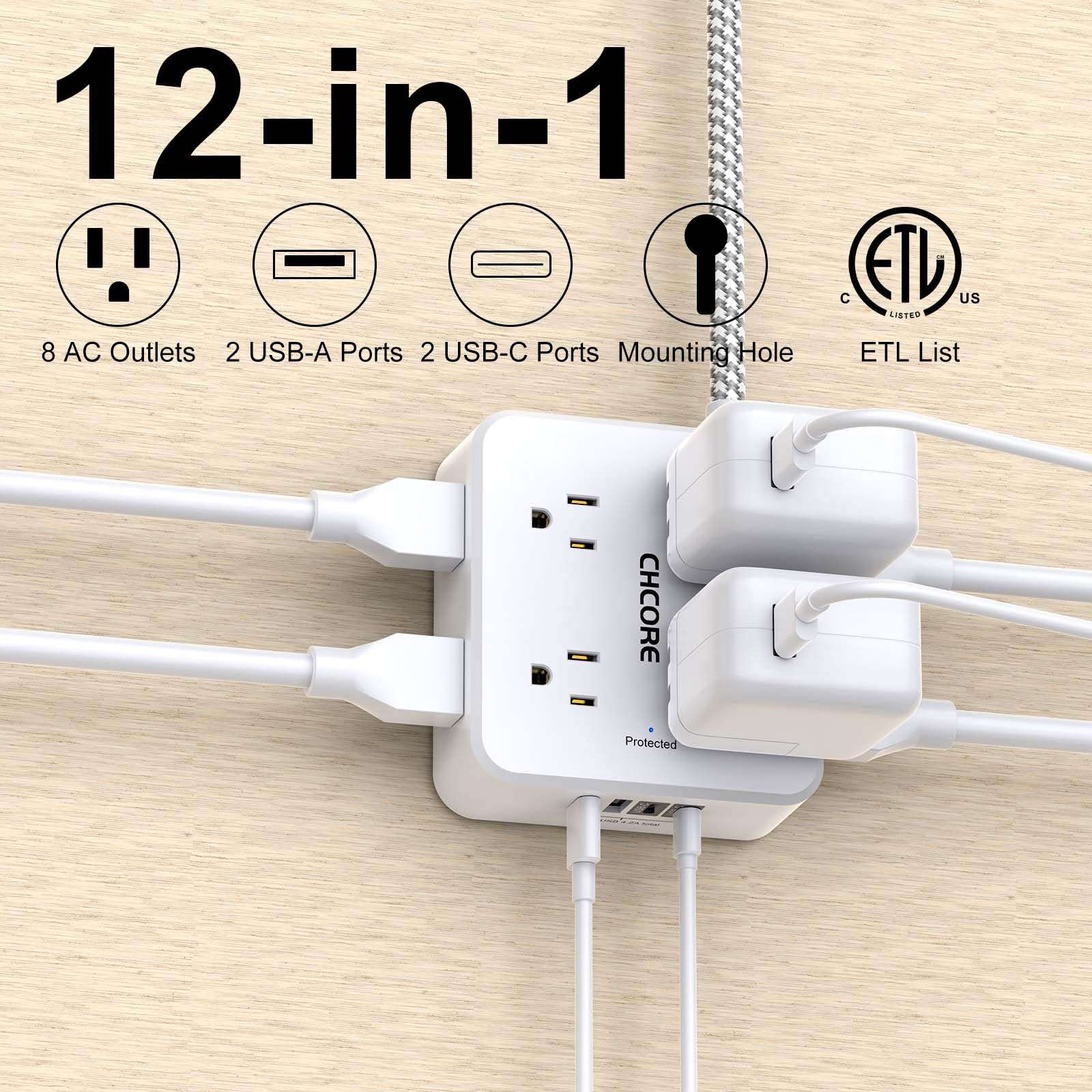 Surge Protector Power Strip - CHCORE 5Ft Braided Extension Cord with 8 Outlets with 4 USB (2 USB C) Charging Ports, Flat Plug Multi Plug Outlet Extender Charging Station for Home Office, ETL, White - Image 2