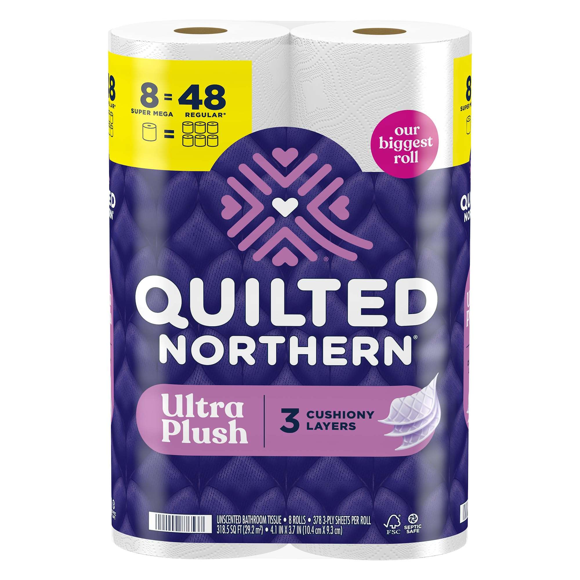 Quilted Northern Ultra Plush Toilet Paper, 8 Super Mega Rolls = 48 Regular Rolls, 3X Thicker*, 3 Ply Soft Toilet Tissue - Image 1