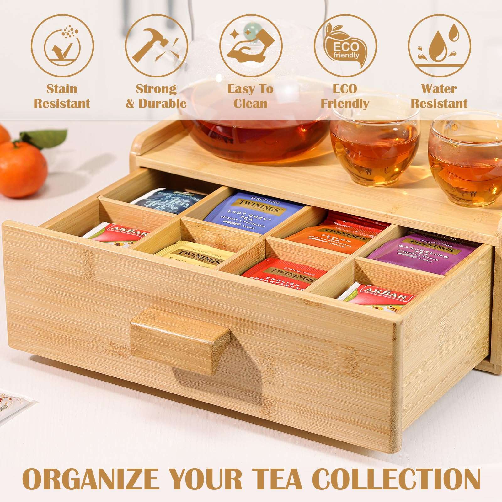 MOCAS Bamboo Tea Bag Organizer, Slide Drawer Storage Box with 8 Compartments, Eco-Friendly Countertop Holder Display for Teabags, Tea Station Chest, Organizador De Te - Image 5