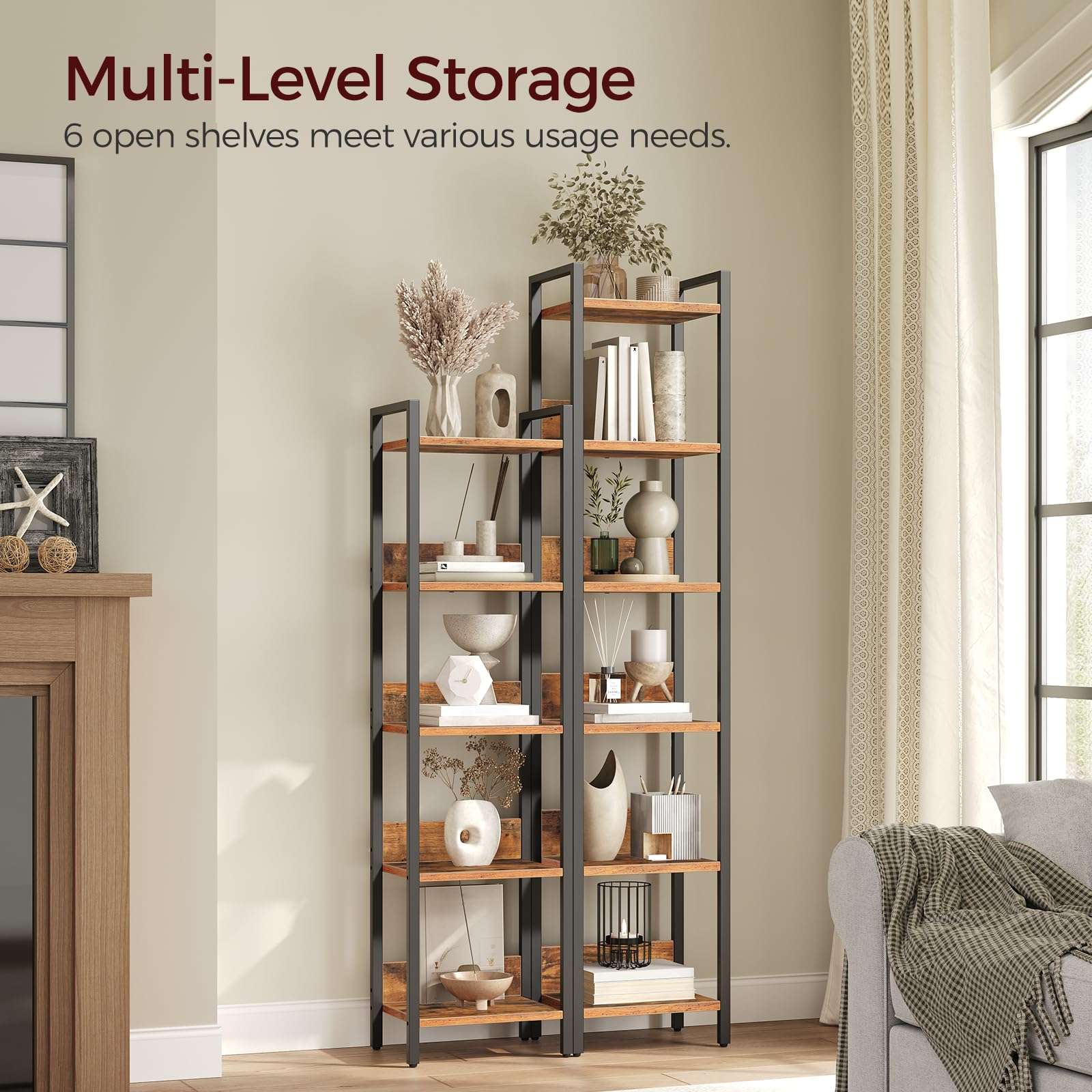 MAHANCRIS Bookshelf, 6-Tier Bookcase, Standing Book Shelf for Small Space, Storage Shelf Organizer, for Living Room, Bedroom, Study, Balcony, Rustic Brown and Black BKHR6601 - Image 4