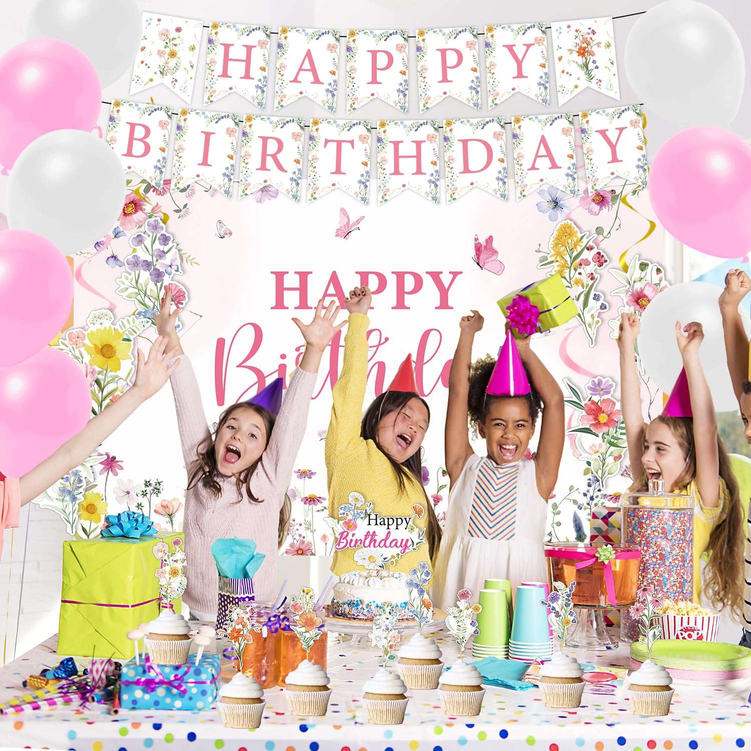 Rngmsi Flower Birthday Decorations Set - 42PCS Wildflower Floral Birthday Decor Party Supplies for Girls Women Happy Birthday Banners Balloons Backdrop Hanging Swirls Cake Topper Cupcake Toppers - Image 5