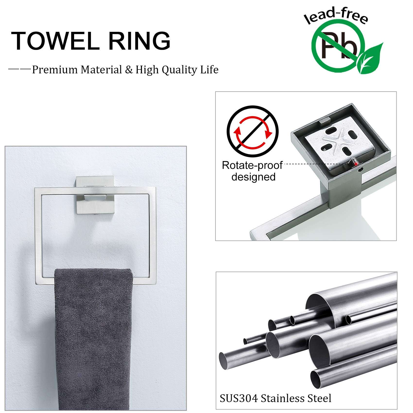 TNOMS Bathroom Towel Bar Set 5 Pieces Brushed Nickel Square Modern Bathroom Hardware Set,Stainless Steel Wall Mounted 23.6-Inch - Image 3