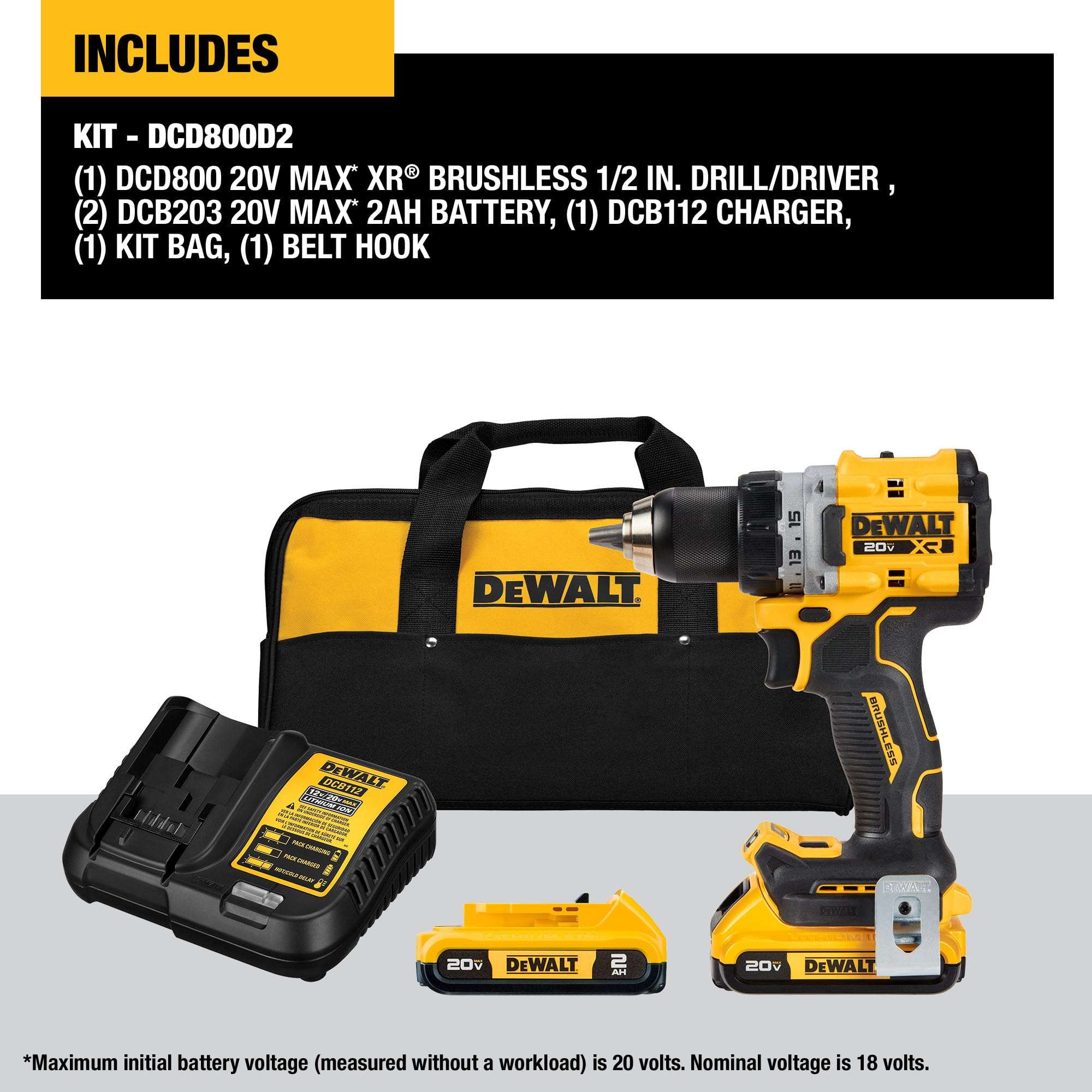 DEWALT 20V MAX XR Cordless Drill/Driver Kit, Brushless, Compact, with 2 Batteries and Charger (DCD800D2) - Image 3