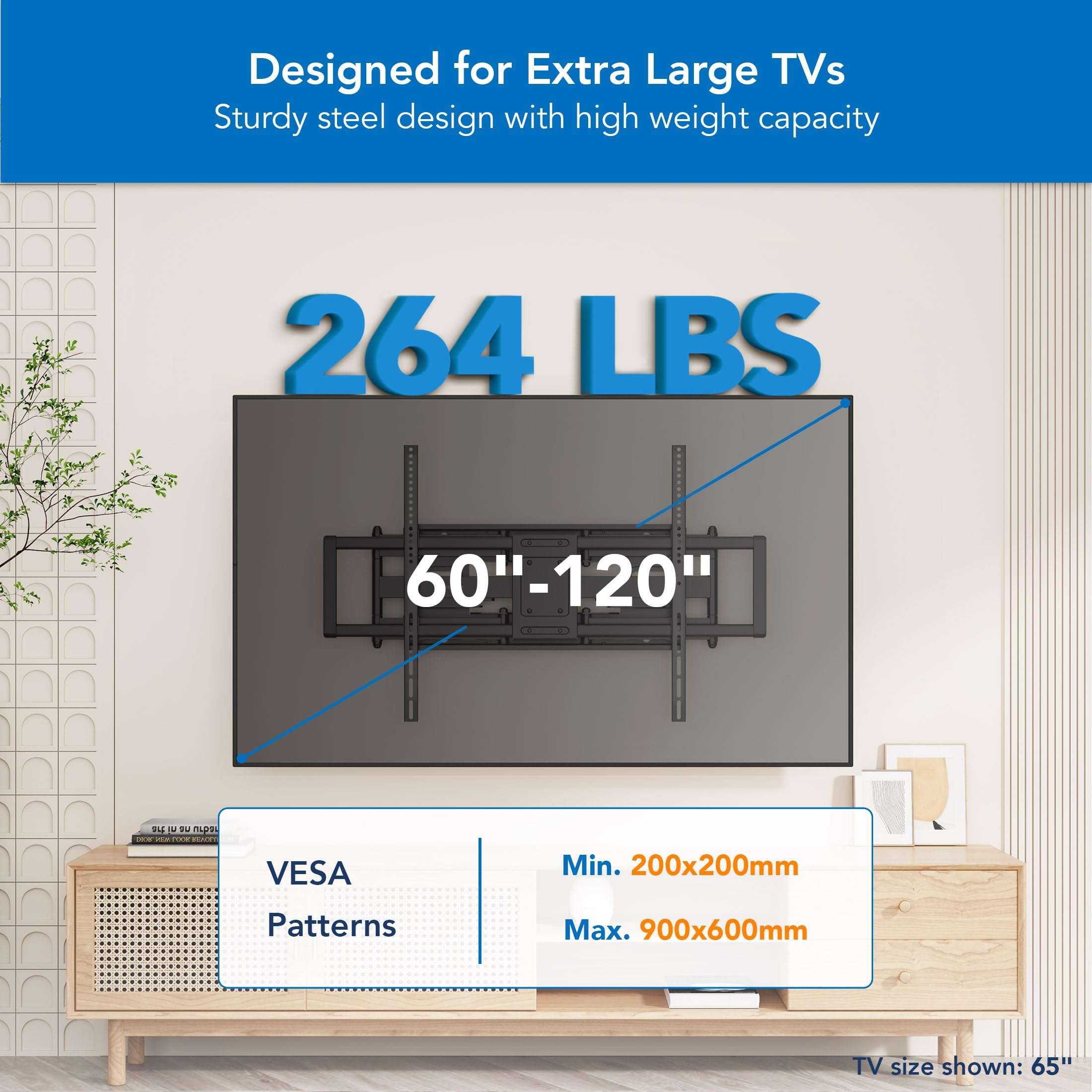 Mount-It! Heavy Duty XXL Full Motion TV Wall Mount for Extra Large TVs, max VESA 900x600, Holds up to 264lb, Swivel Tilt Extension Adjustable TV Mount for 60" 65" 75" 80" 85" 90" 98" 100" 115" 120 in - Image 2