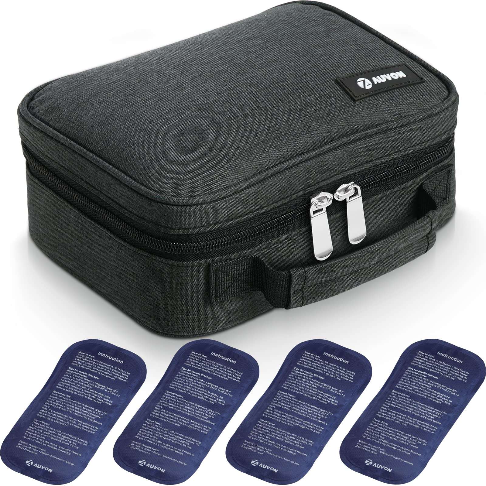AUVON Large Insulin Cooler Travel Case, Longer Cooling Effect with 4 * 160g Ice Packs, Compact Medication Cooler Bag for 8 Insulin Pens and Diabetic Supplies, Ideal Travel Partner with Handle Design - Image 1