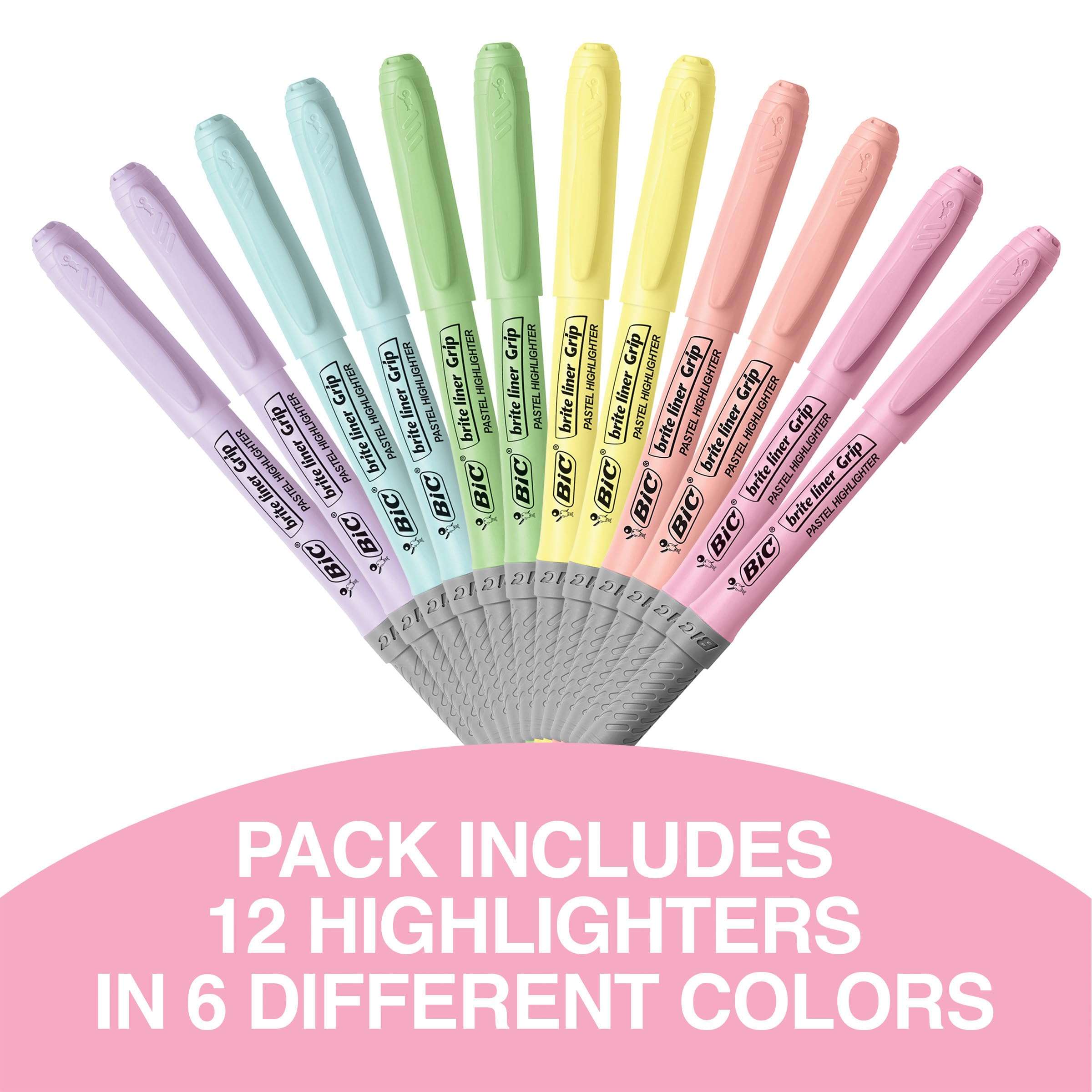 BIC Brite Liner Grip Pastel Highlighter Set, Chisel Tip, 12-Count Pack of Pastel Highlighters in Assorted Colors, Cute Highlighters for Bullet Journaling, Note Taking and More - Image 4
