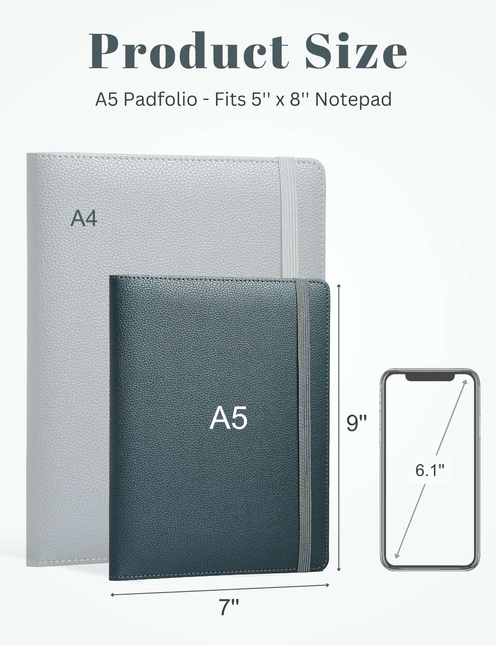Mymazn Junior Padfolio Portfolio Folder, Small A5 Clipboard with Cover for 5'' x 8'' Writing Pad Notepad Holder Legal Pad Holder for Business School Office Men Women (Grey Green) - Image 3
