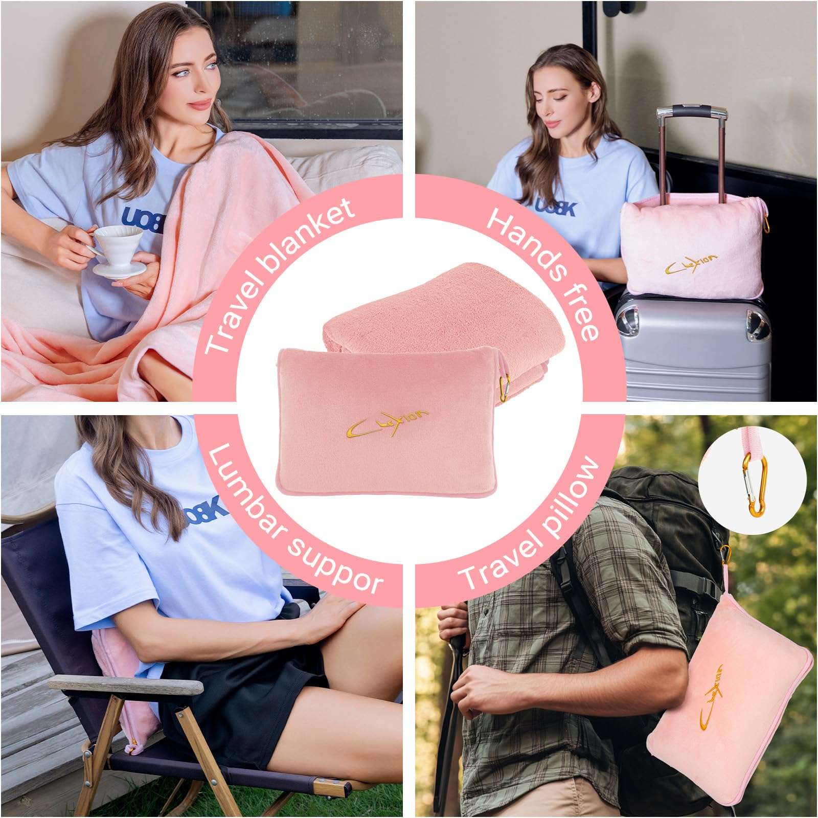 CLEXION Travel Blanket & Pillow Set, 300 GSM Soft Fleece, 60x43 Inches, 3-in-1 Airplane Blanket, Travel Pillow and Blanket Set, Travel Blanket Airplane Compact with Bag, Travel Essentials, Pink - Image 3