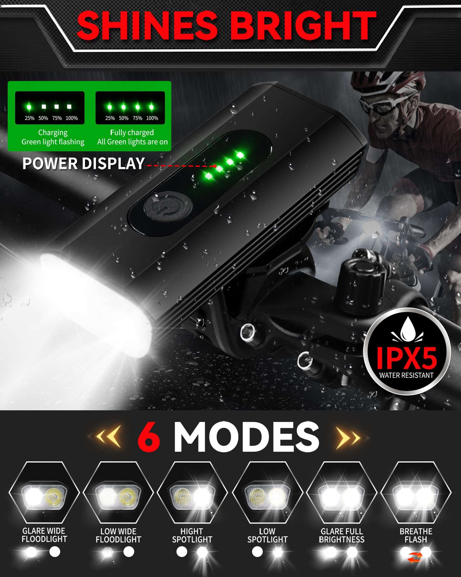DARKBEAM Bike Headlight Rechargeable USB-C, Bicycle Lights 4000LM Ultra Bright, Mountain Bike Light Set for Night Riding, 6+5 Mode Waterproof Front Bike Light & Rear Light for Road, Cycling - Image 3