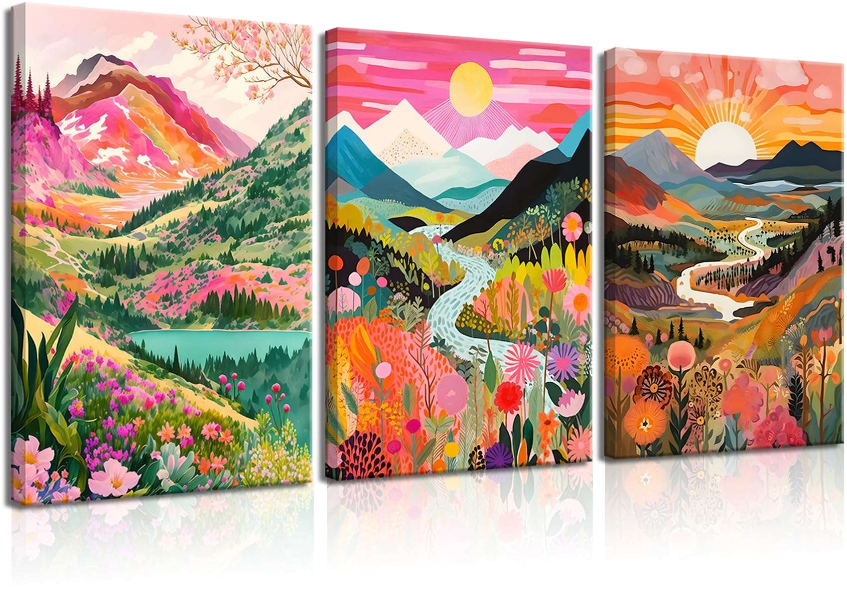 3Pcs Colorful Watercolor Mountain Canvas Wall Art Boho Floral Painting Picture Wall Decor Abstract Nature Landscape Poster Print Artwork for Living Room Bedroom Bathroom Office Home Decoration - Image 1