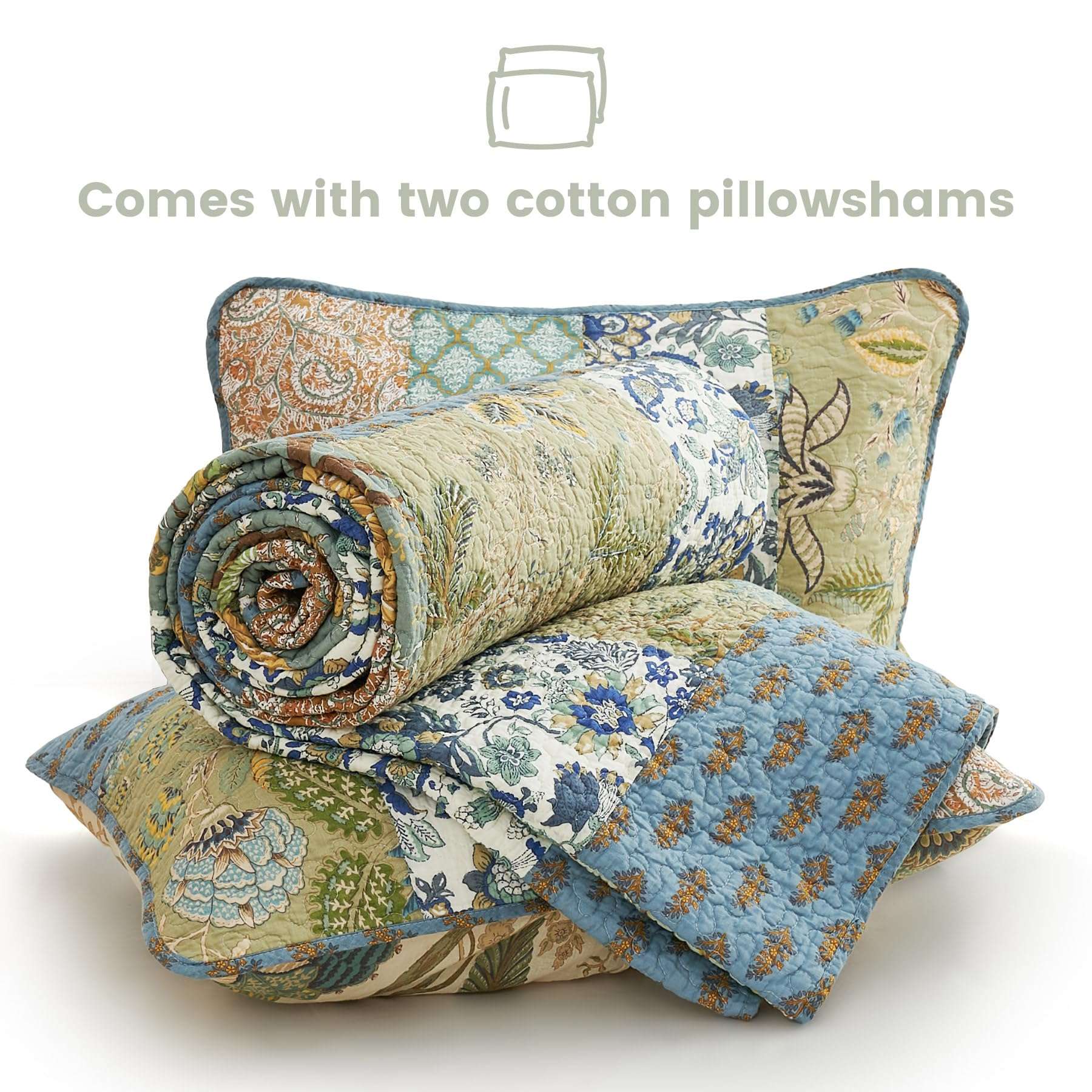 Secgo Queen Comforter Set for Bed - 100% Cotton Quilts Queen Size, Green, Sage Bedspreads (90 * 98 Inch) with 2 Pillow Shams, Patchwork Reversible Lightweight Bedding - Image 6