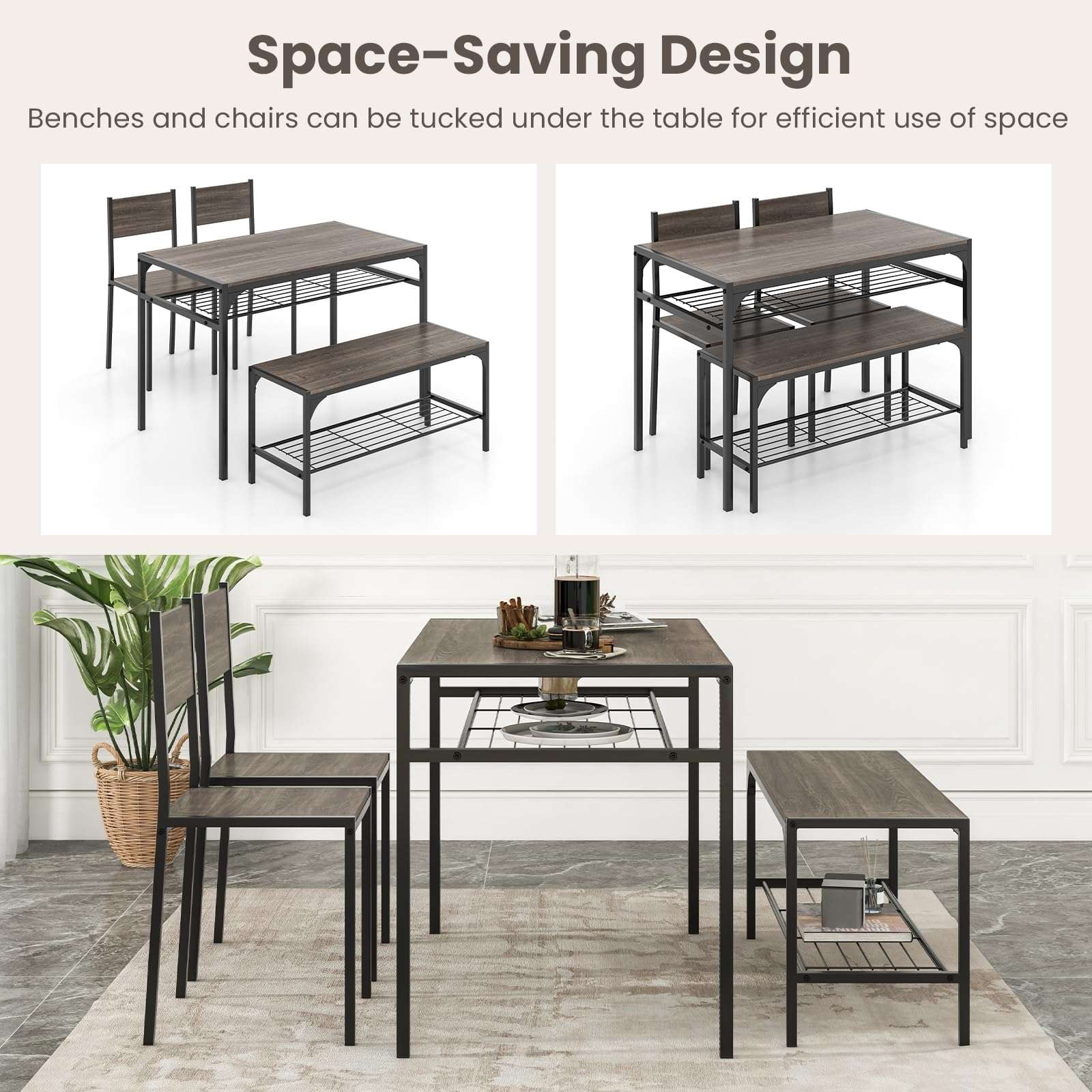 Tangkula Dining Table Set for 4, Kitchen Table and 2 Chairs for 4 with Bench, Additonal Storage Rack, 4 Piece Dining Table Set for Small Space, Apartment - Image 6