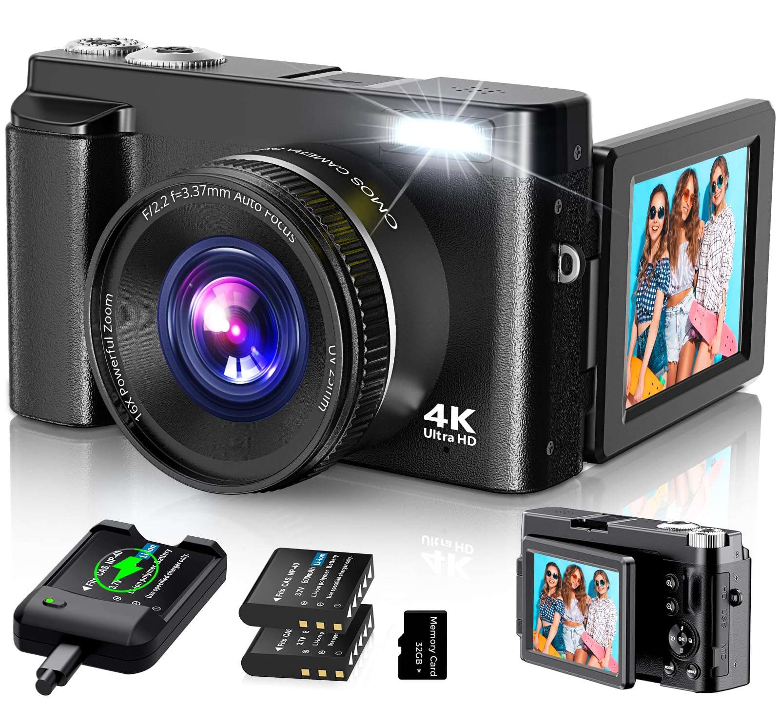 4K Digital Camera for Photography Autofocus, 2024 Latest 48MP Vlogging Camera for YouTube with SD Card, 2 Batteries, 3" 180°Flip Screen Compact Travel Camera for Teens with 16X Zoom, Anti-Shake,Black - Image 1