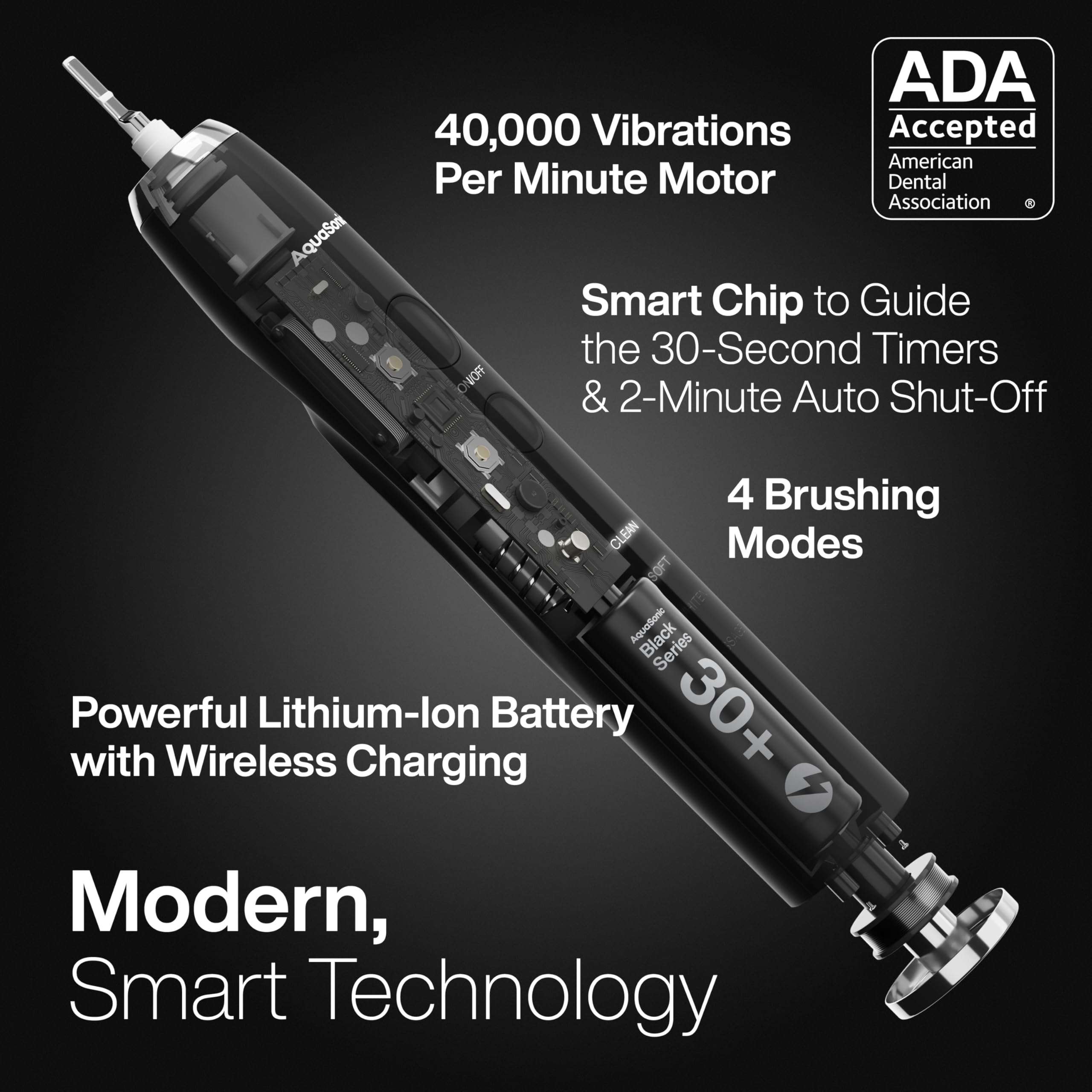 Aquasonic Black Series Ultra Whitening Toothbrush – ADA Accepted Electric Toothbrush- 8 Brush Heads & Travel Case – 40,000 VPM Electric Motor & Wireless Charging - 4 Modes w Smart Timer - Image 2