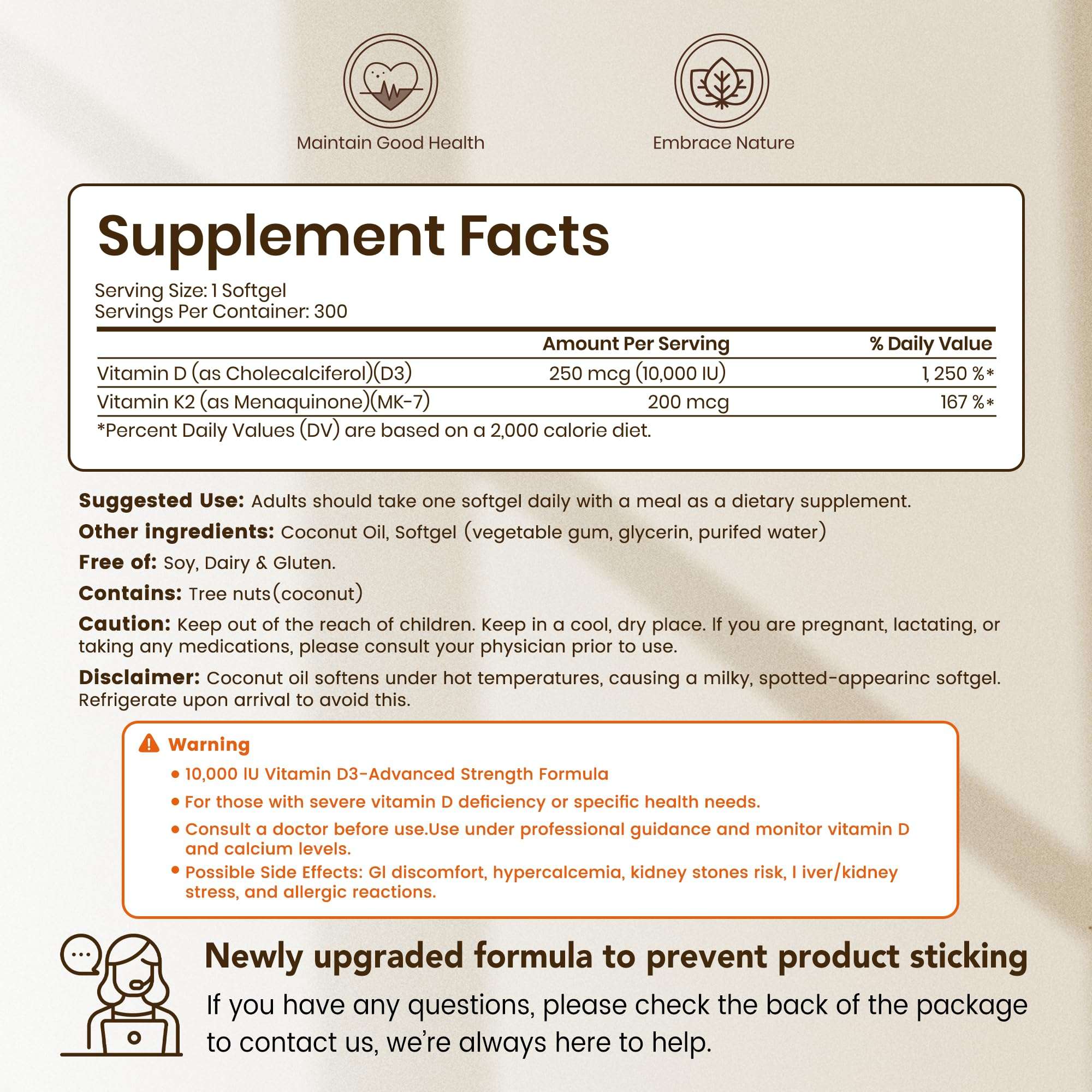 VEV Corefeel Vitamin D3 K2 10,000 IU, 200 mcg MK-7, 300 Coconut Oil Softgels, 2 in 1 Vitamins Supplement D & K (Include MK7), Easy to Swallow, Supports Calcium Absorption, Bone Health - Image 2