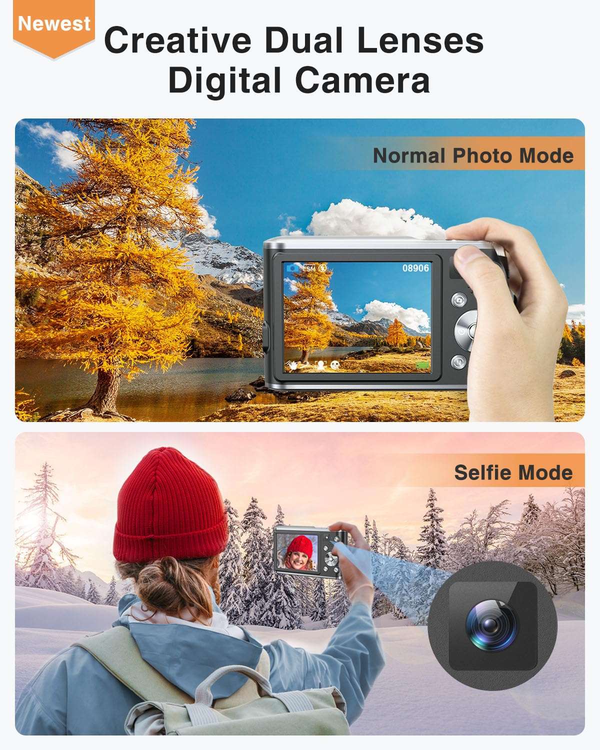 4K Digital Camera, 48MP Autofocus Camera Selfie with Front and Rear Dual Lenses, 32GB Card, 2 Batteries, 16X Digital Zoom, Compact Travel Vlogging Video Camera Gift for Kid Teen Beginner(Black) - Image 2