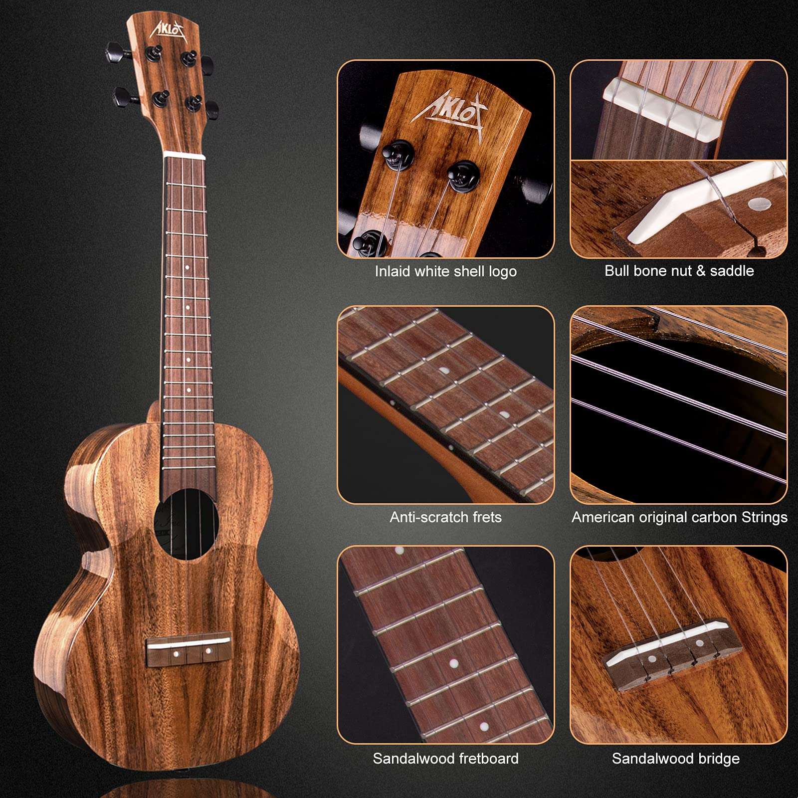 AKLOT All Solid Acacia Ukulele, 23 Inch Concert Ukelele Super Warm tone for Professional Beginners Adults Kit with Free Online Courses,Gig Bag,Strap,Tuner,Picks,Book Instruction,Humidifier,Clean Cloth - Image 2