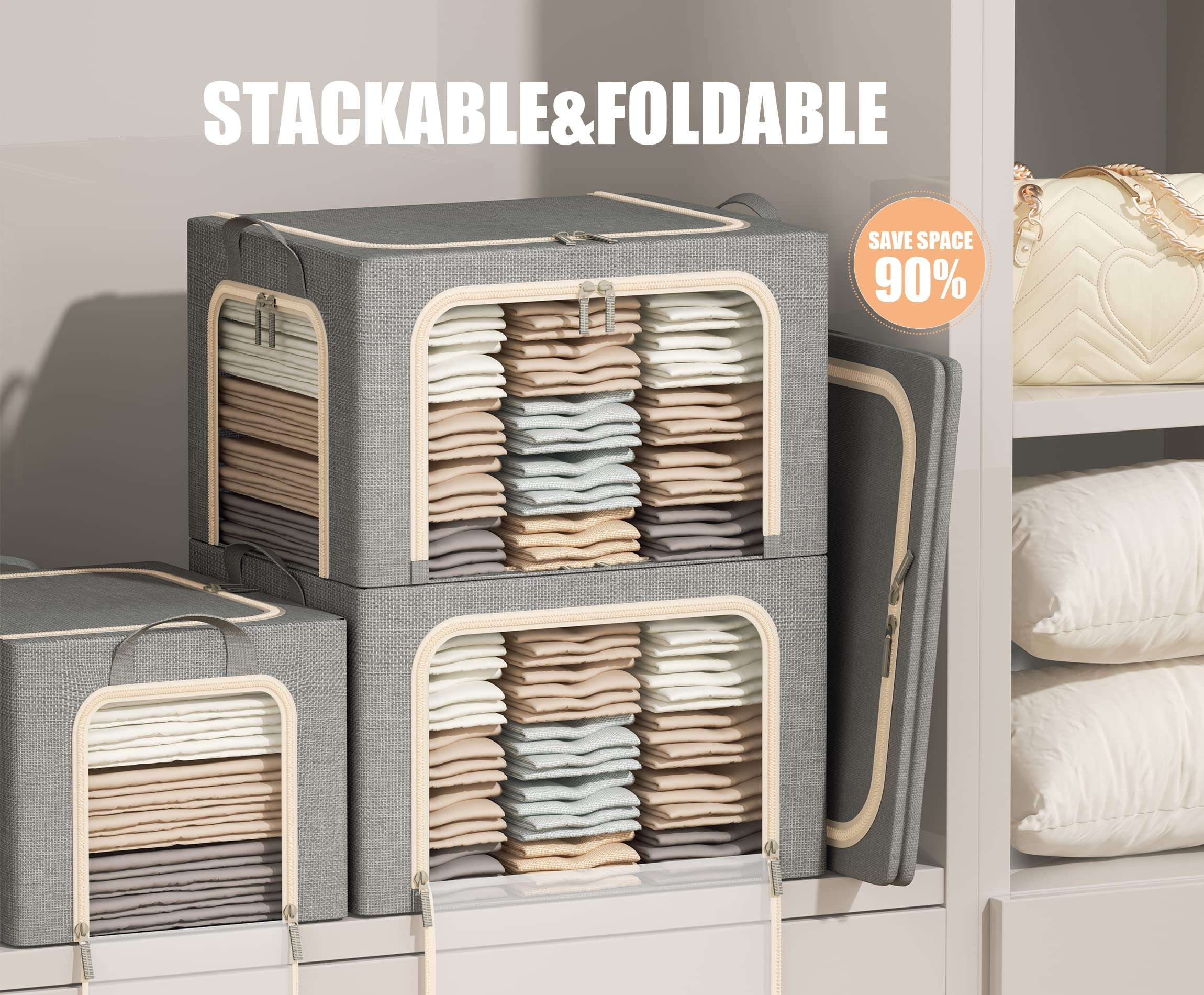3 Openings Clothes Storage Bins with Metal Frame, Foldable Storage Bin for Clothes, Clothing Storage Bins with Lid, Linen Storage Box With Clear Window＆ Zippers＆ Durable Handles.(3 Pcs,Light Grey,40L) - Image 3